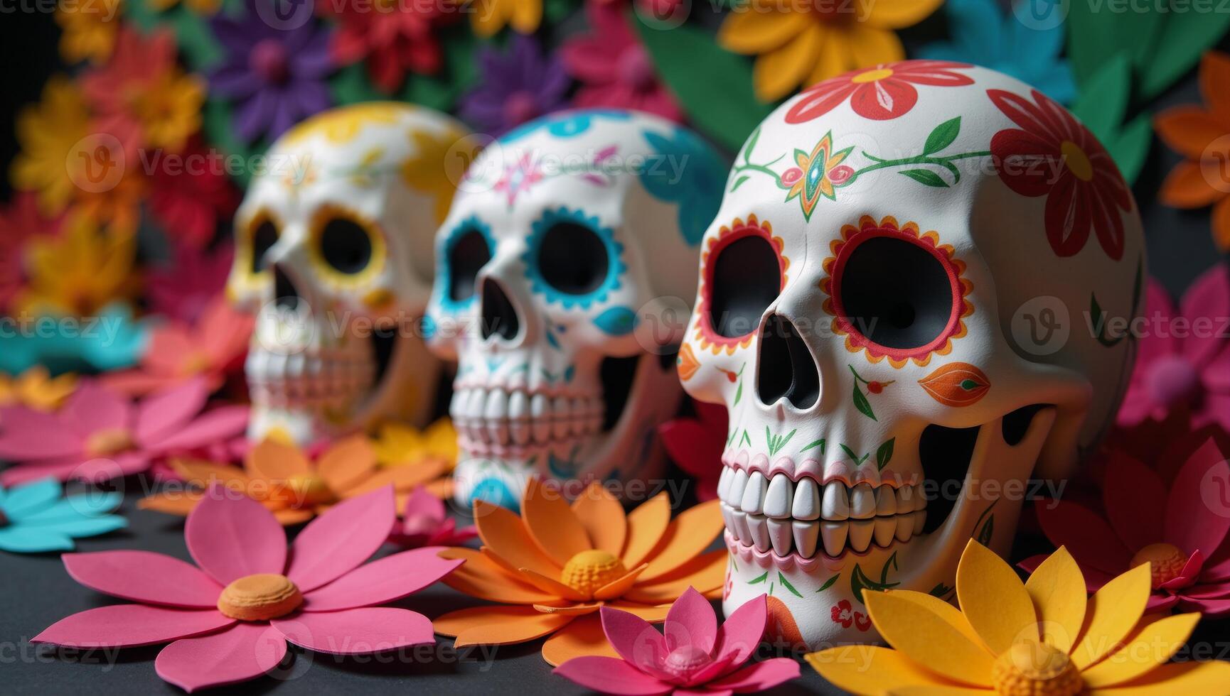 Brightly patterned papercraft Dia de Los Muertos skulls amidst lively paper flower arrangements photo