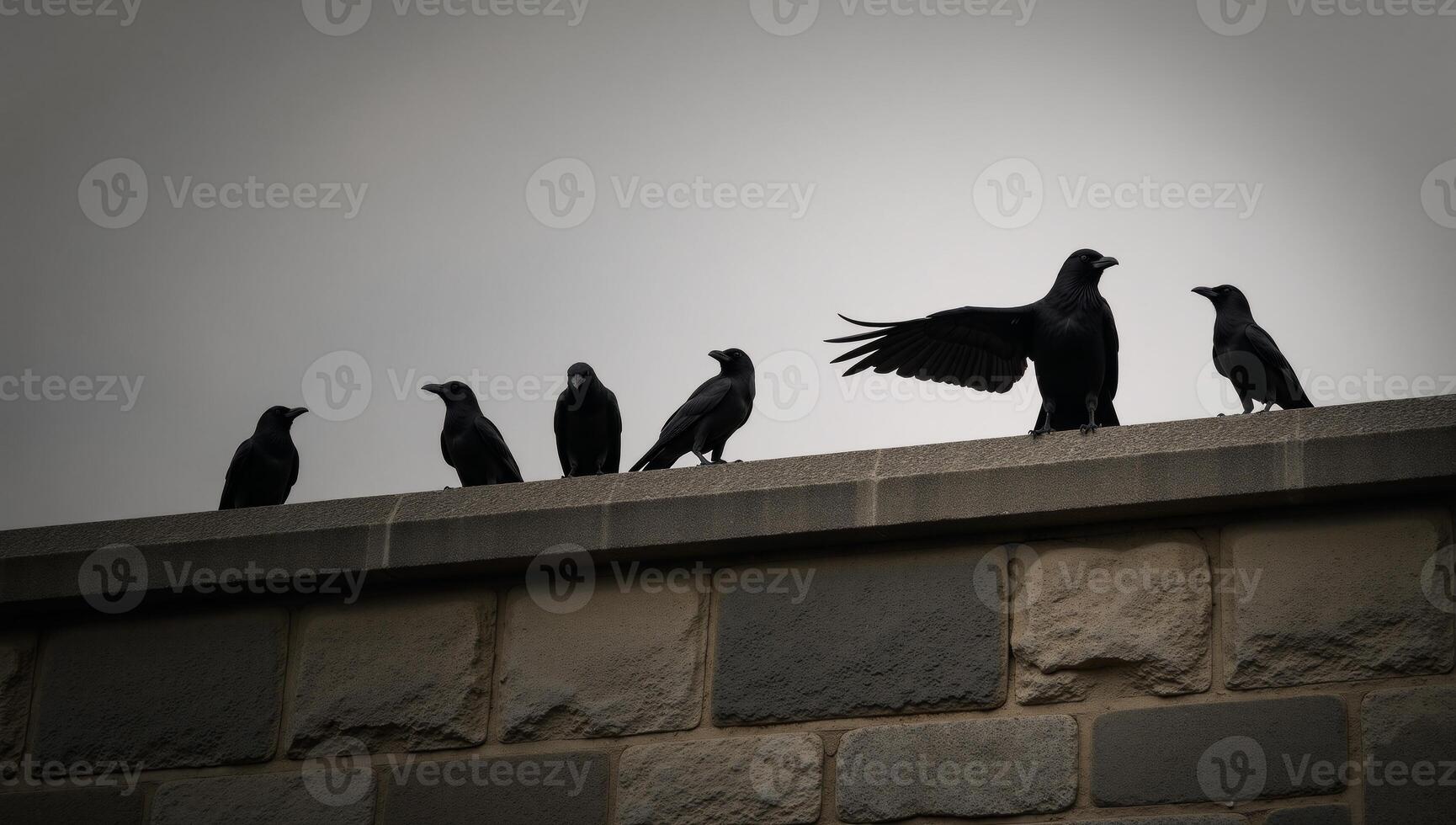 A somber scene with crows perched upon an old weathered stone fence photo