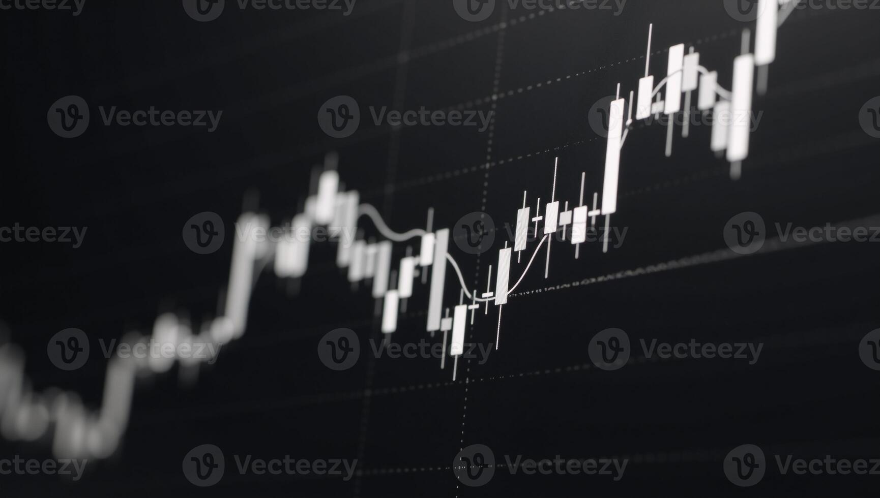 Uptrend line graph candlesticks displayed on an abstract finance chart with BW backdrop photo