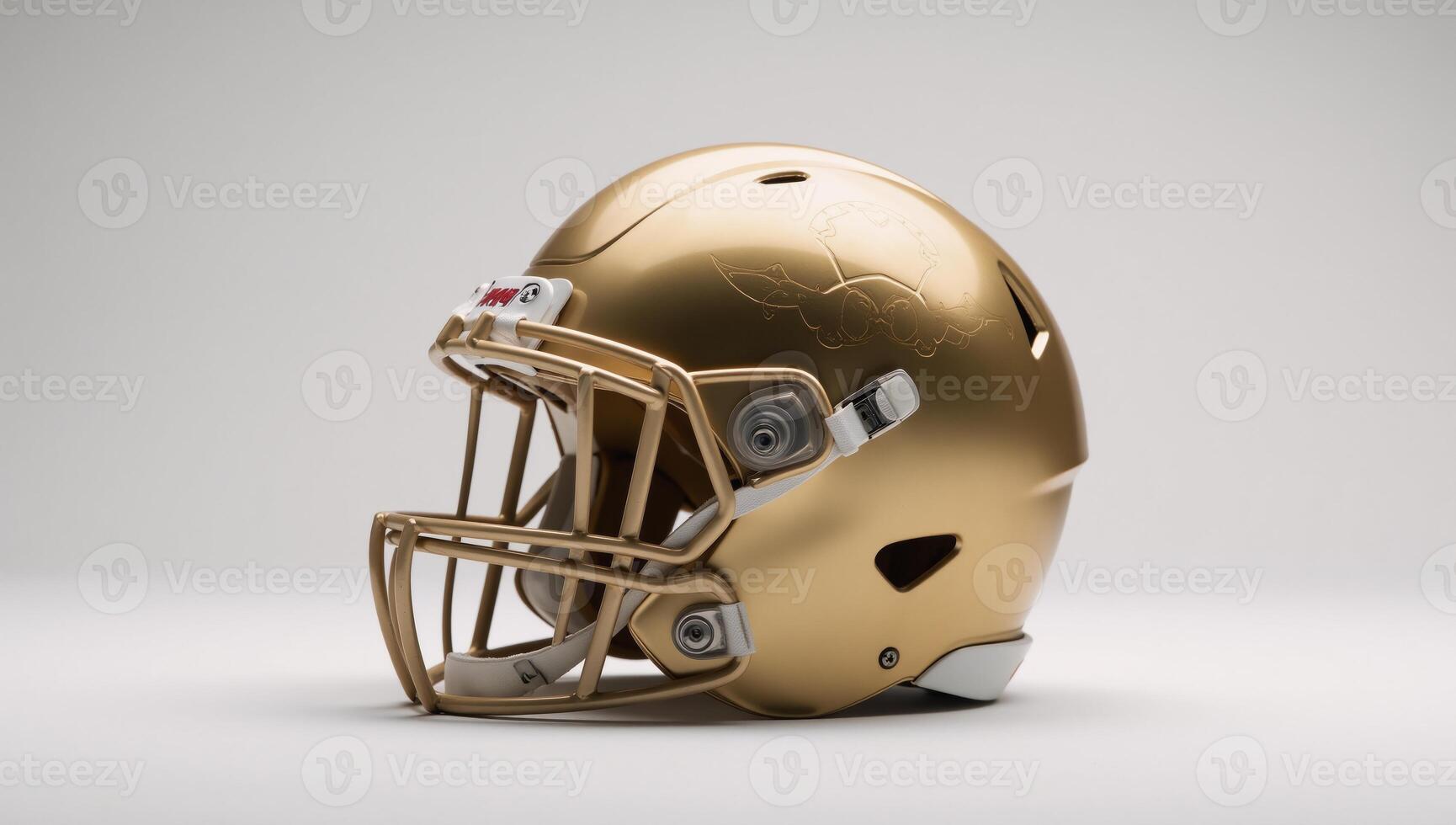 Shiny golden football helmet with sleek design glossy finish and protective grill styled against a clean white backdrop to convey athletic elegance photo