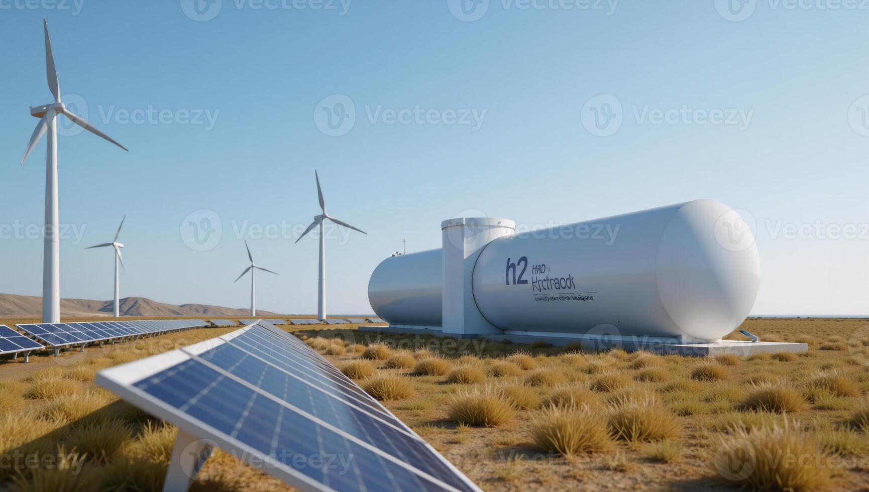 A 3Drendered image showcases an ecofriendly energy system with a hydrogen tank solar panels and wind turbines photo