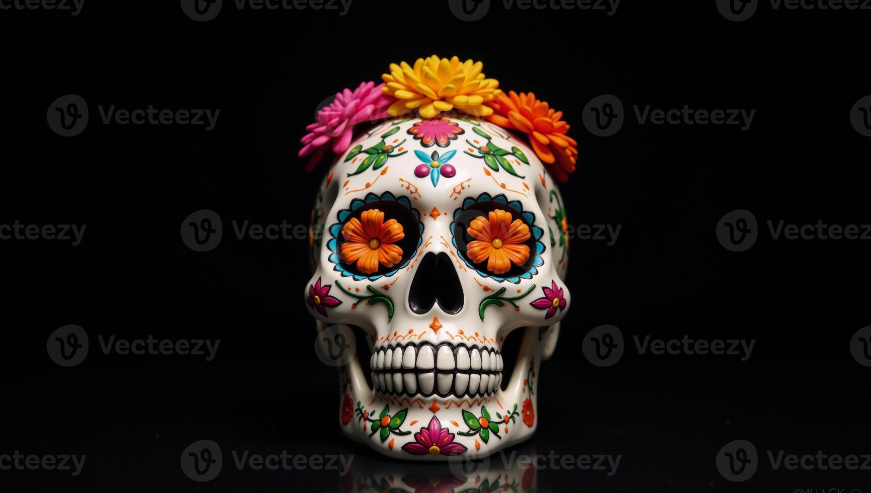 Colorful sugar skull adorned with flowers against a black backdrop photo