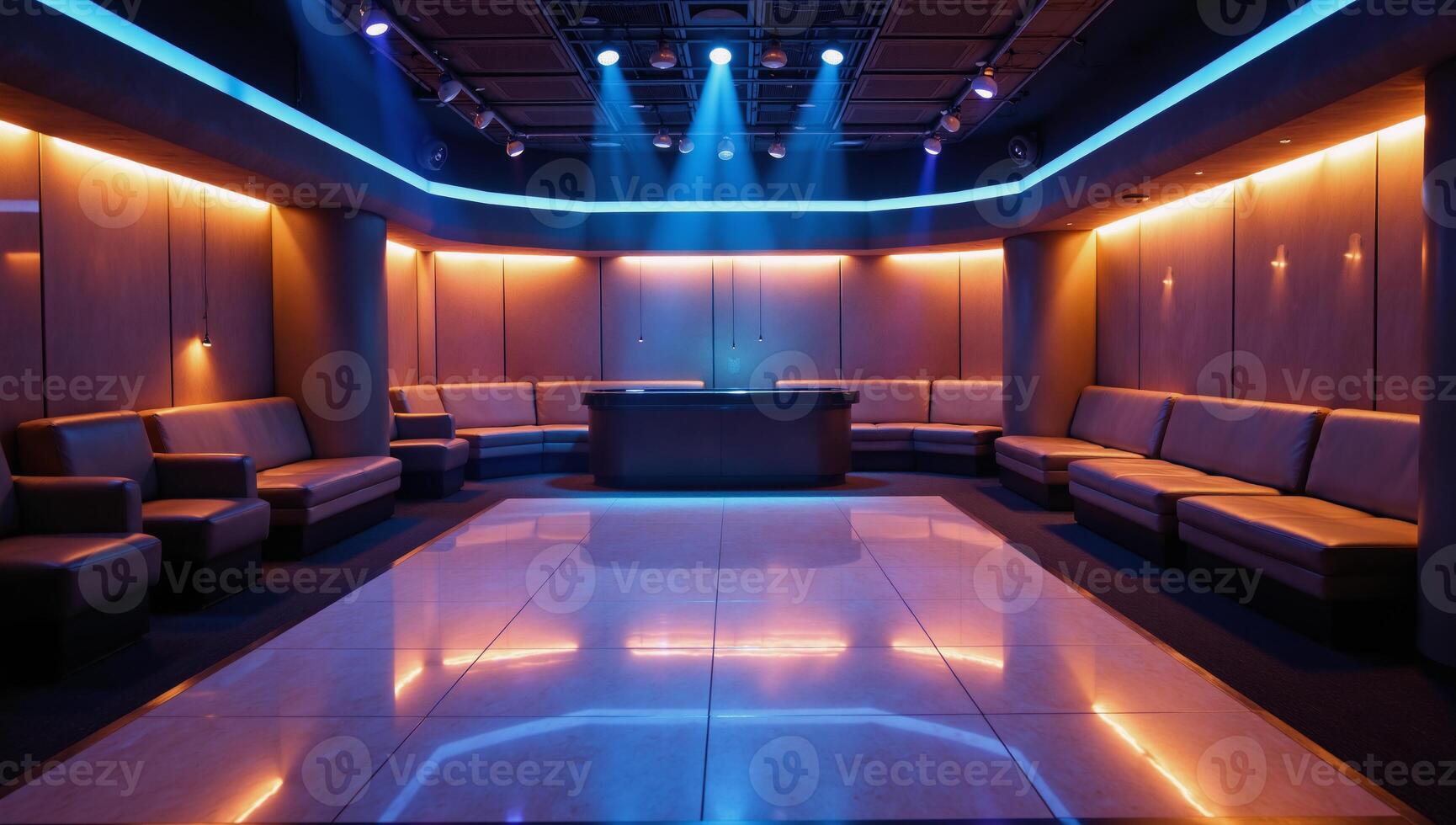 A highend futuristic club featuring an illuminated dance floor glowing LED walls and lavish VIP areas photo