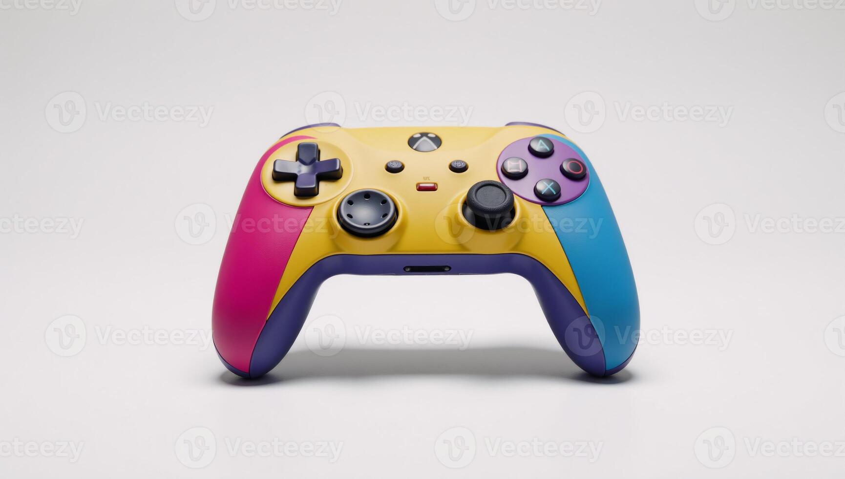 A vibrant colorful game controller stands against a pristine white backdrop photo