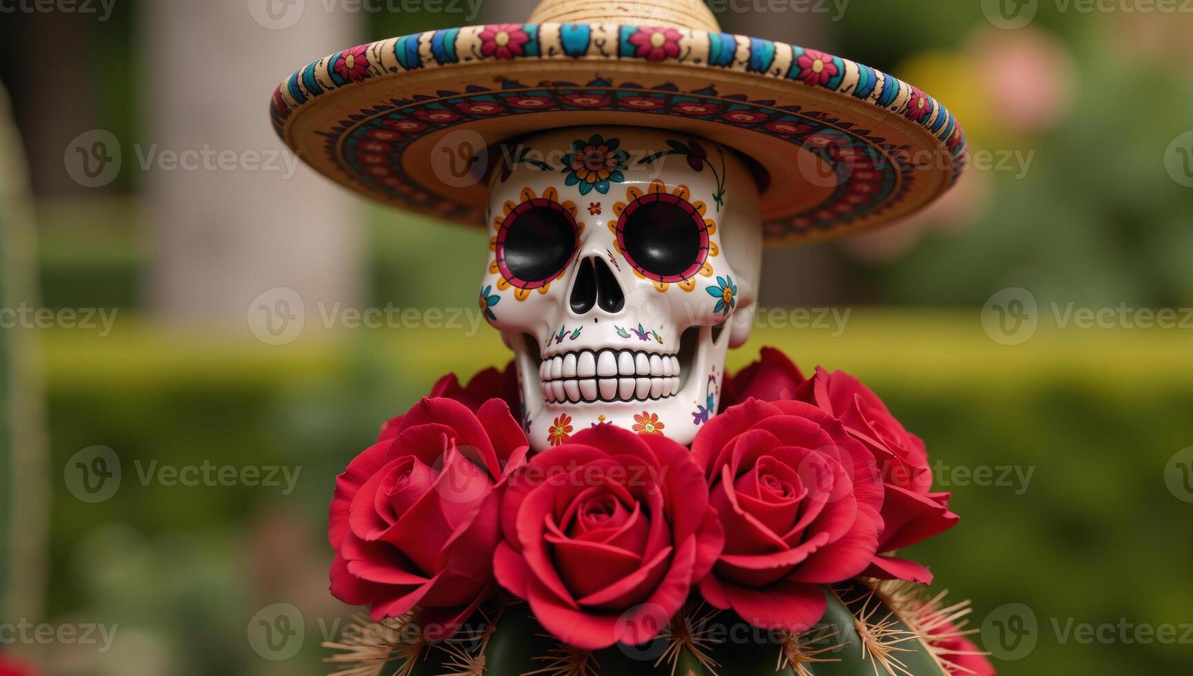 Day of the Dead Skull with hat cactus adorned with red roses photo