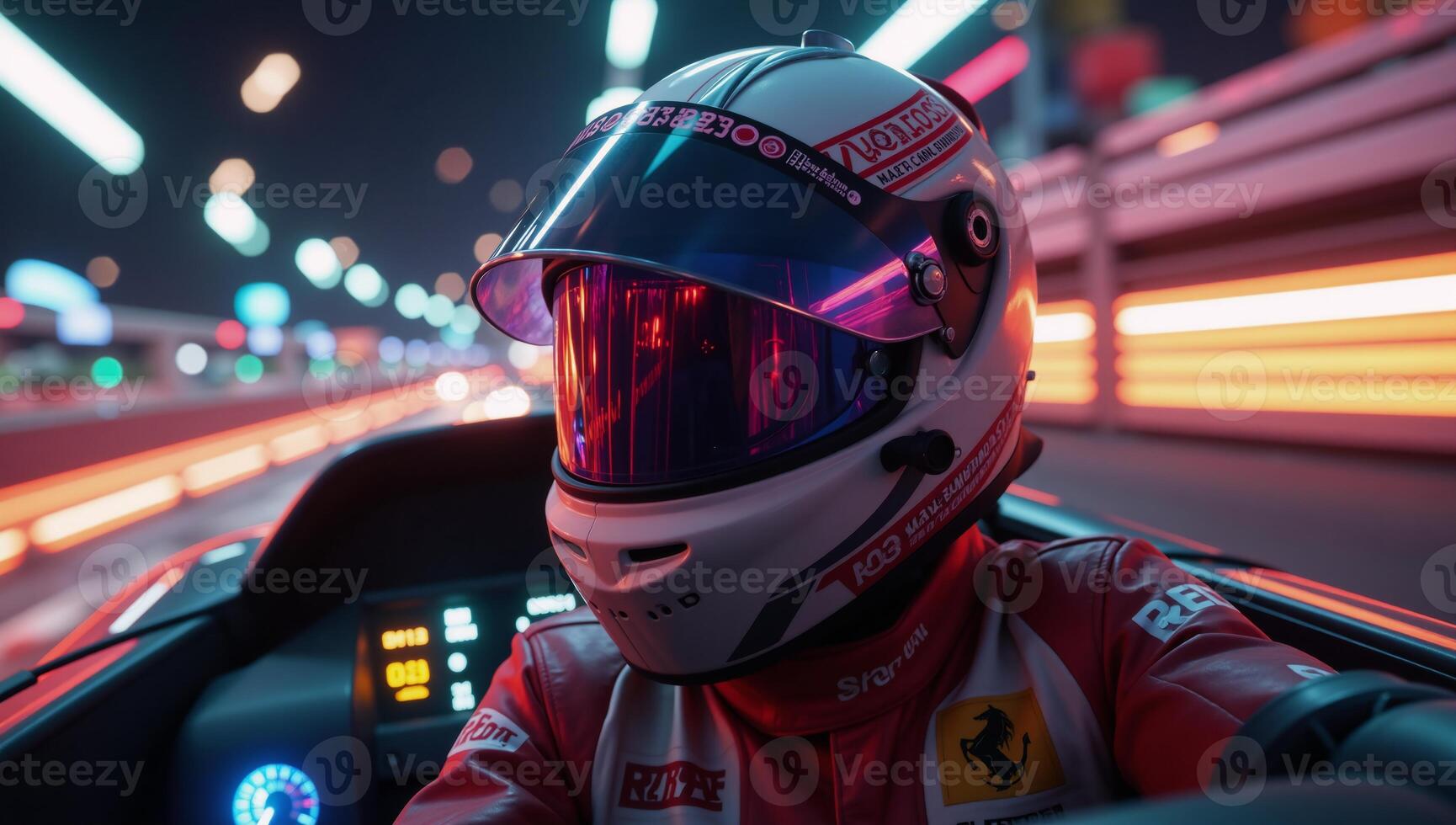 Dynamic racing helmet within an exciting game scene photo