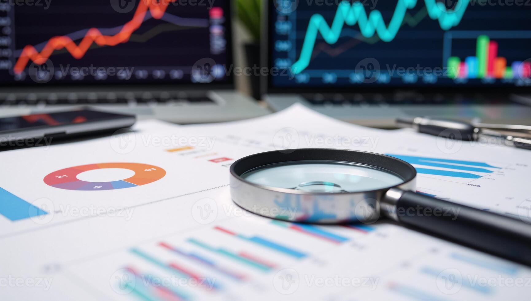 Data analysis with focus on search engine optimization using magnifiers charts graphs universitystyle neon screens and stock images photo