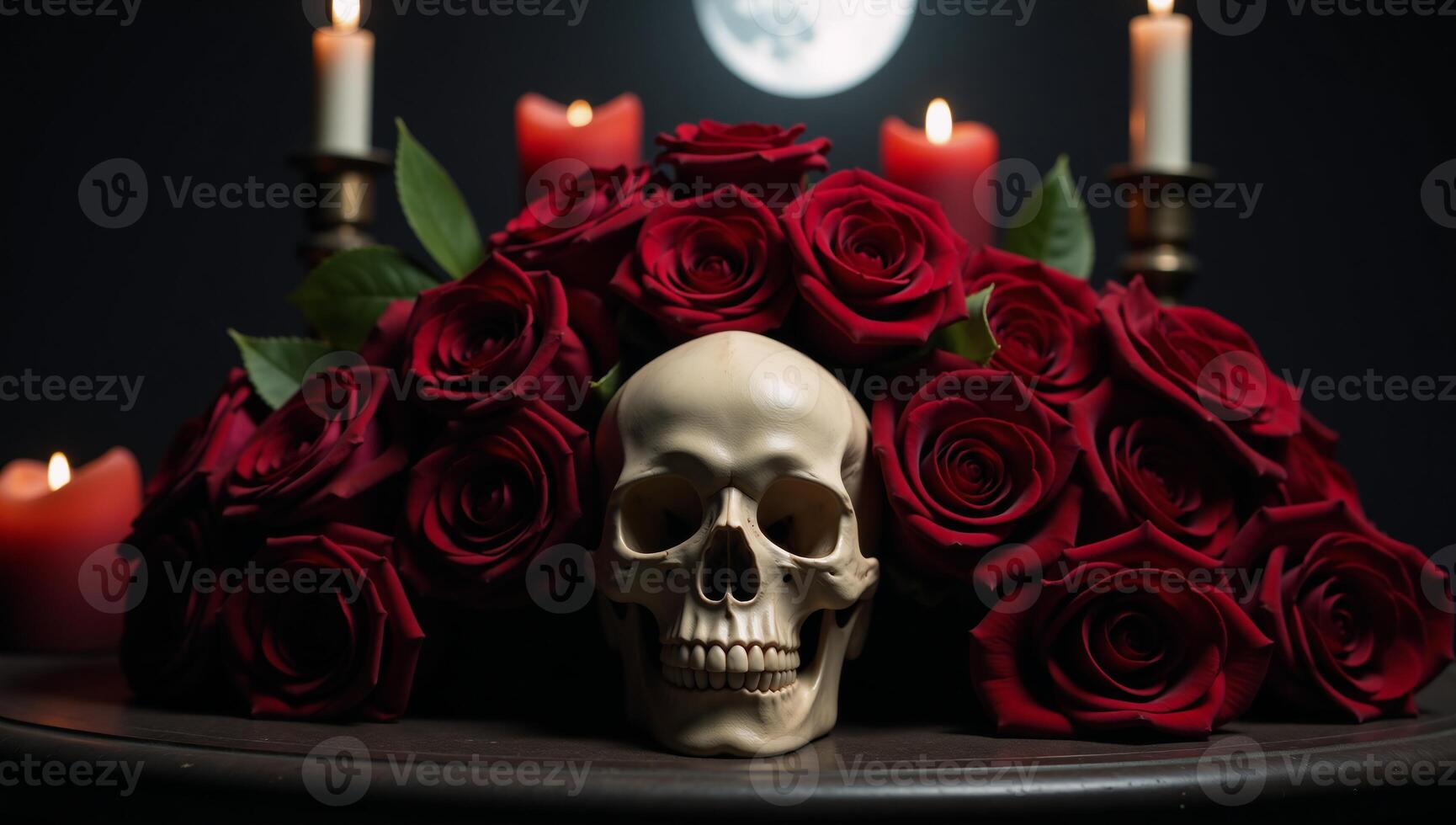 A gothic still life features an ornate skull amidst a luxurious arrangement of darkred roses under eerie moonlight and flickering candlelight photo