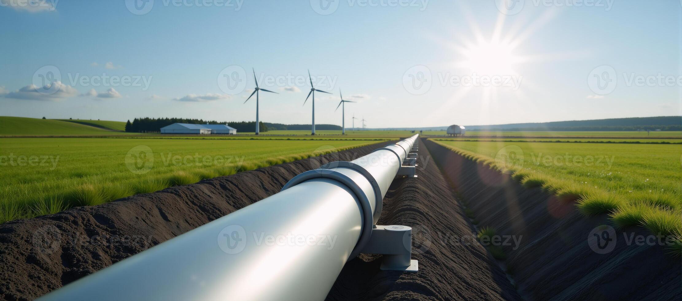 A secure carbonneutral transformation in the energy sector visualized as a 3D rendered hydrogen pipeline connecting solar power plants for clean energy balancing renewables with reduced reliance on photo