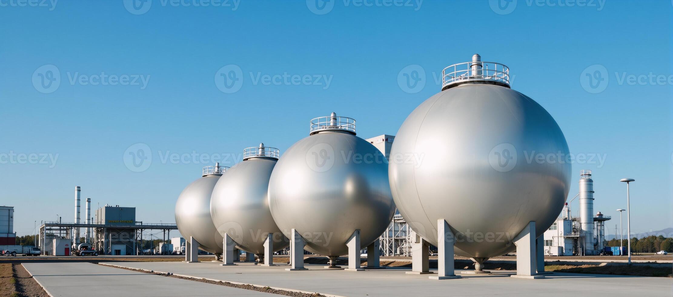 A 3D rendering of a modern petrochemical factory featuring spherical BPVC gas storage tanks under a bright blue sky photo