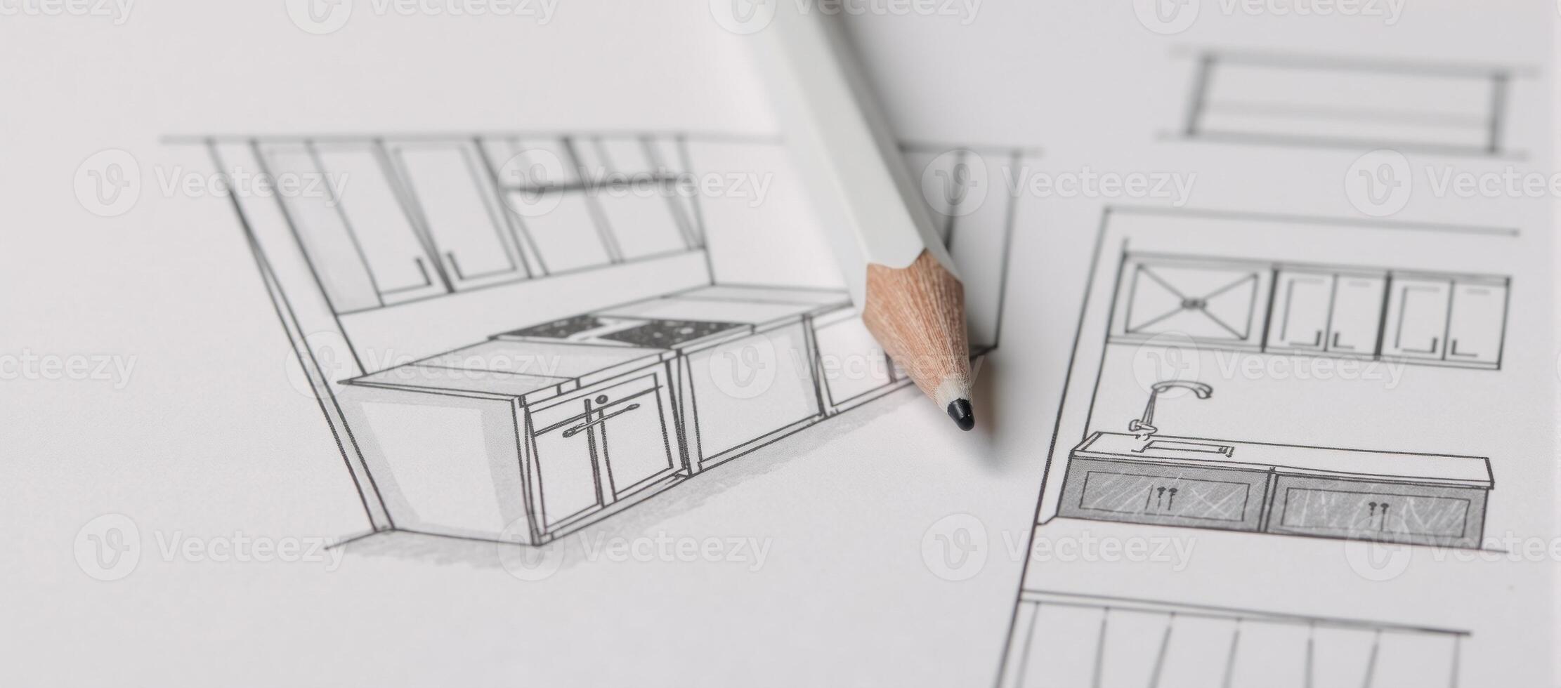 Modern kitchen layout in sleek style featuring topnotch appliances illustrated as an intricate pencil sketch ideal for design presentations or showcasing home remodeling projects photo