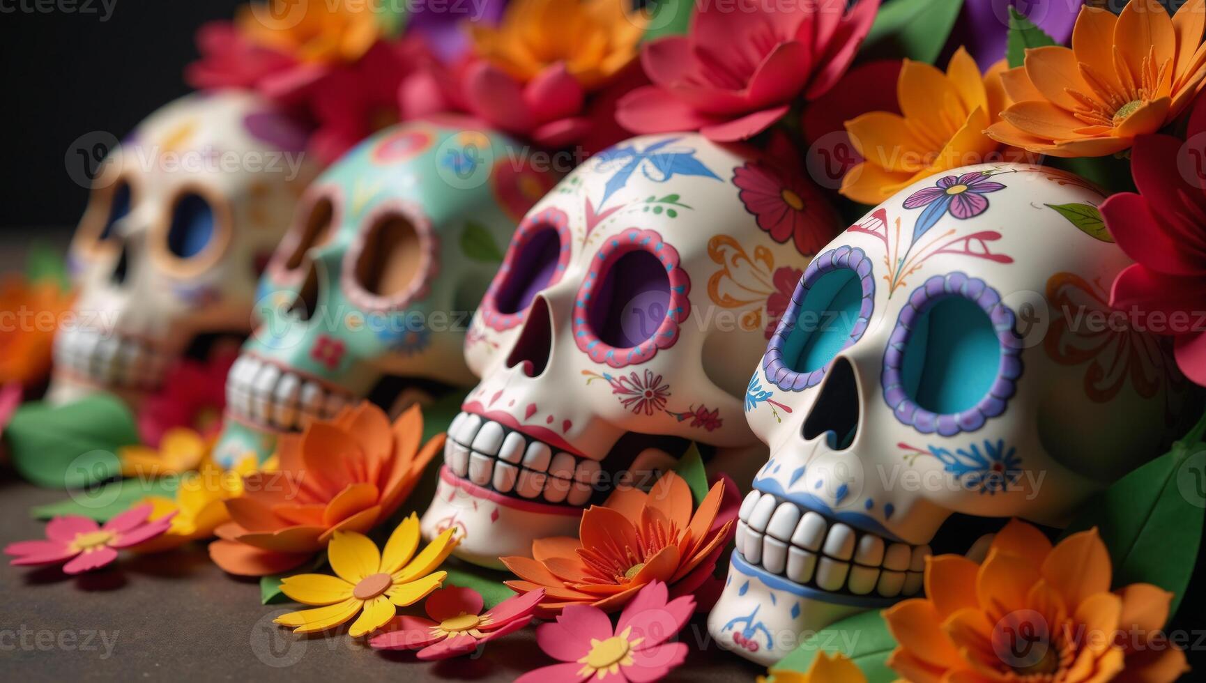 Vibrant Day of the Dead paper craft skulls decorated with floral motifs amidst colorful flowers photo