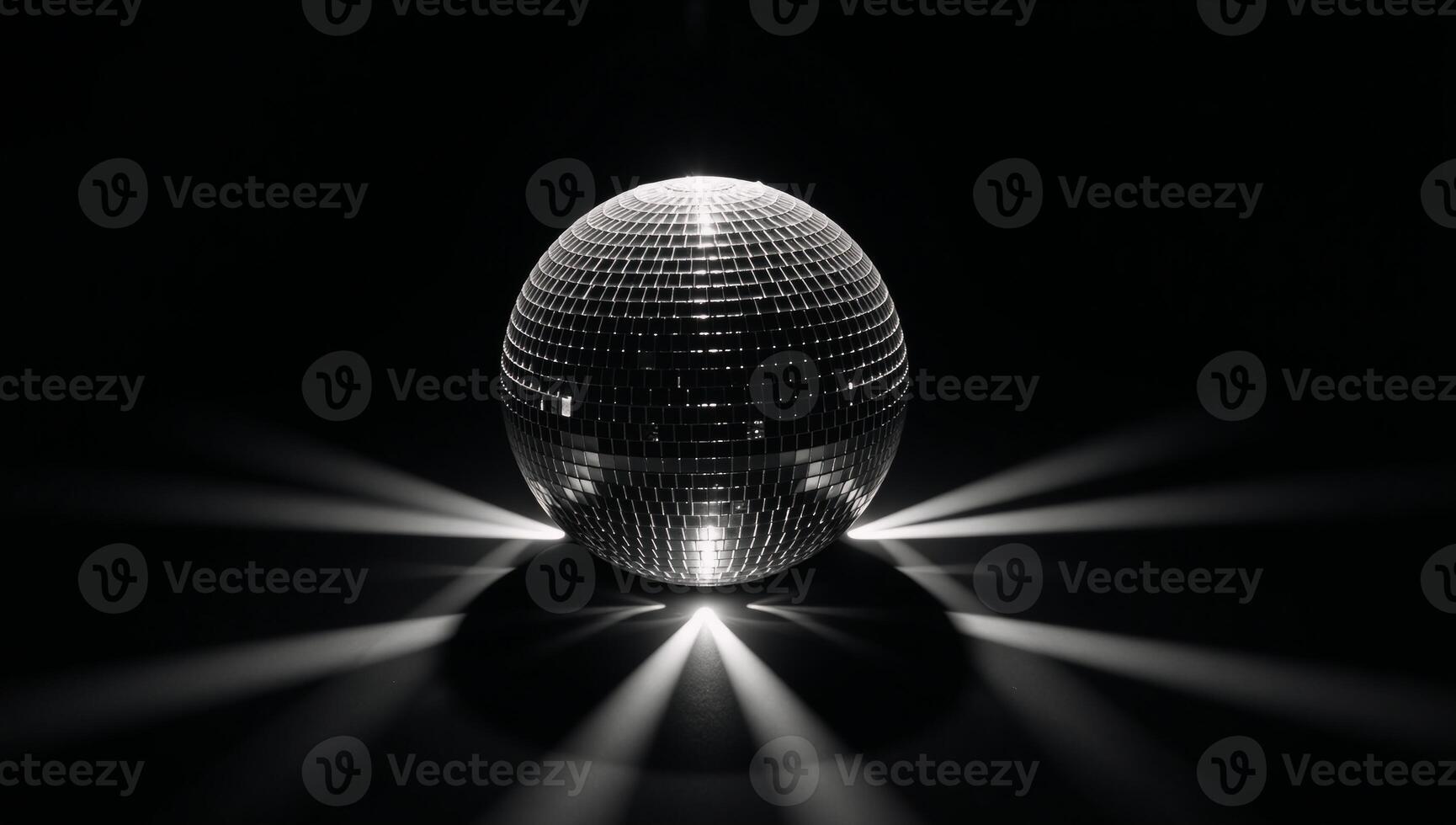 A rotating blackandwhite disco ball glows against dark background amidst flashes of light and dramatic shadows photo