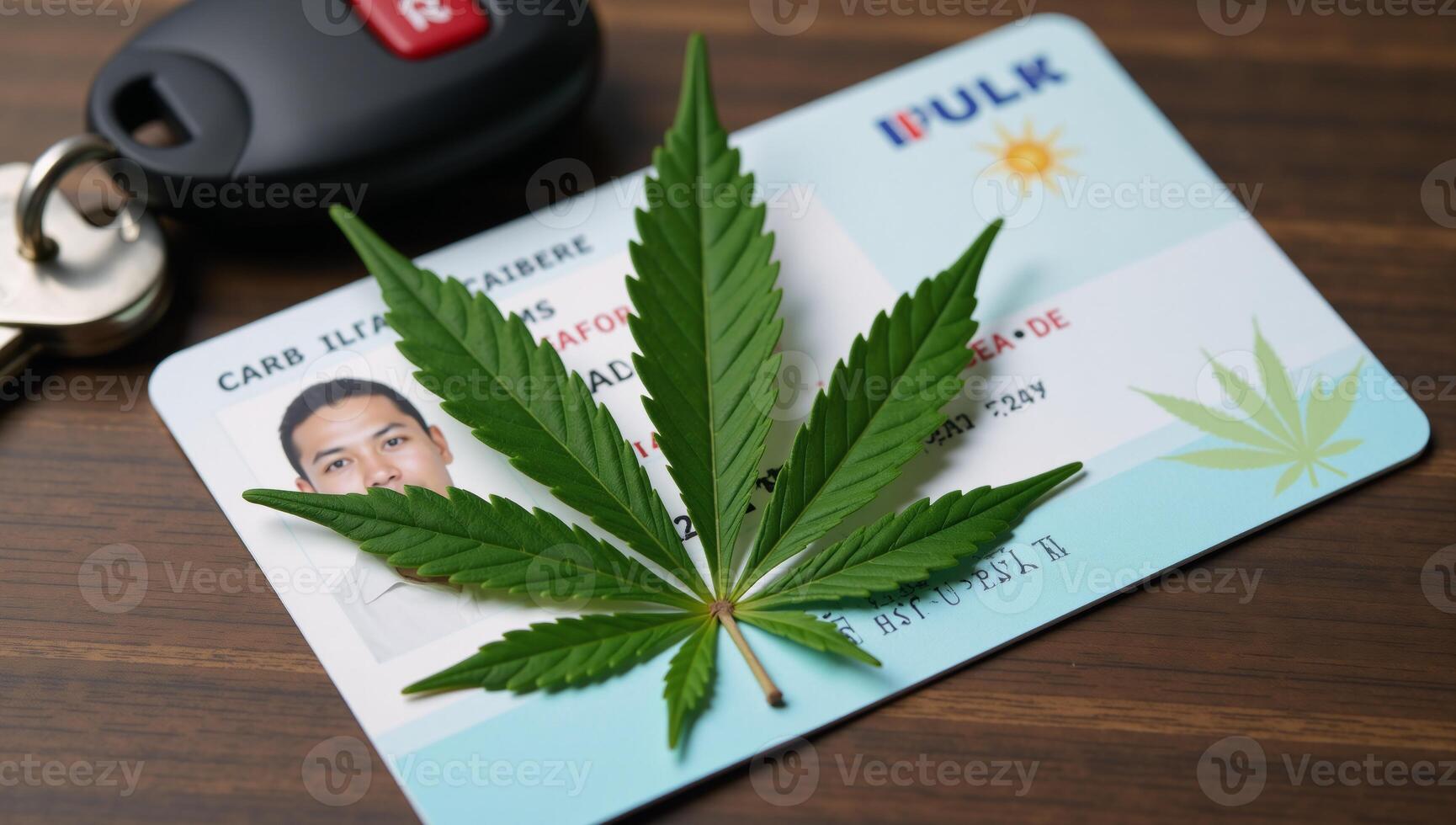 Marijuanathemed concept art depicts a green cannabis leaf alongside a set of car keys and a drivers license hinting at an illicit drug transaction in the setting of a car dealership or transportation photo