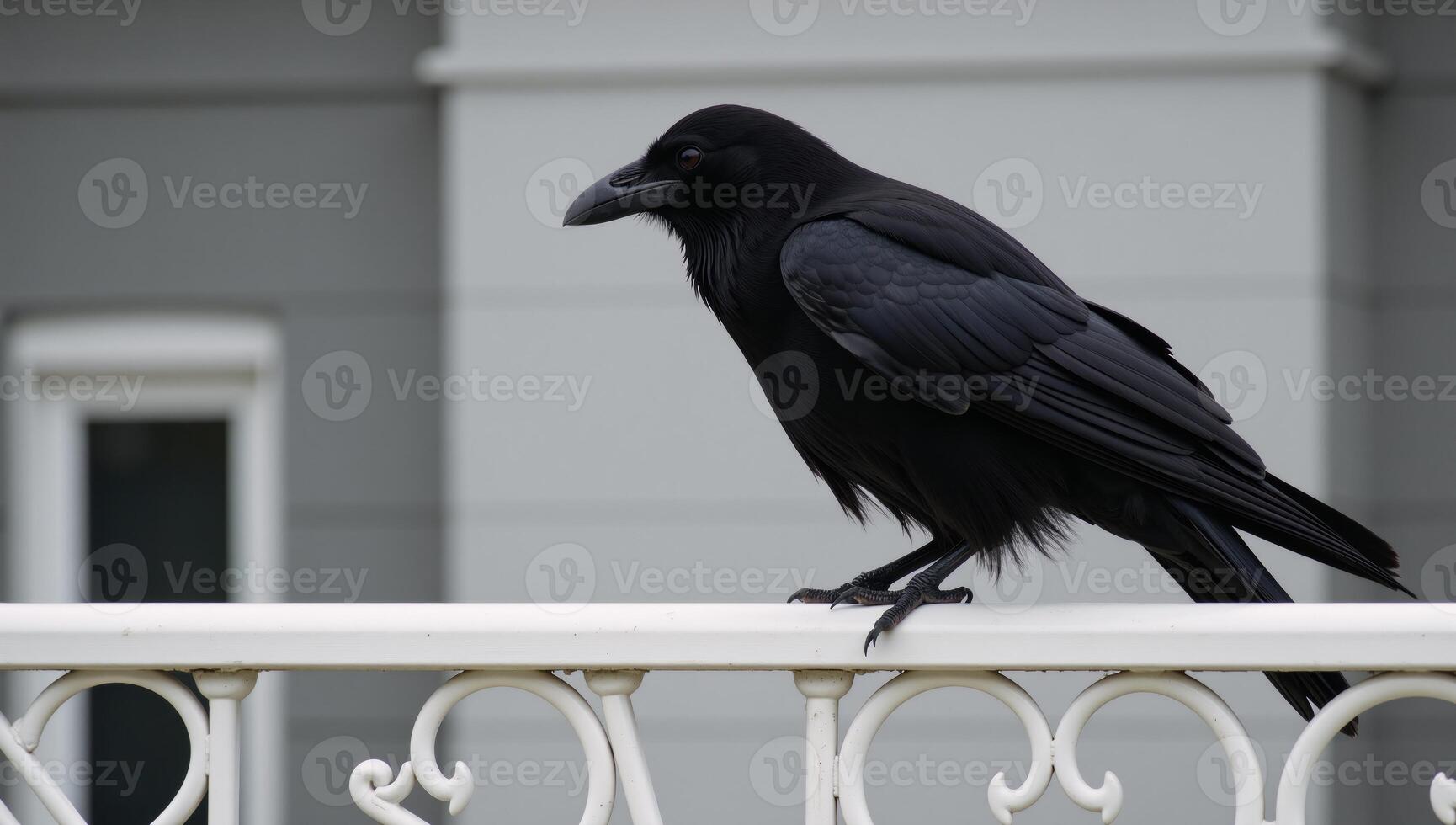 Black raven perched on white railing single subject bird location railing photo