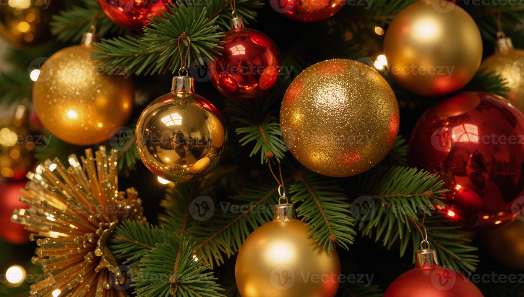 A Christmas tree featuring multiple bright ornaments accompanied by a goldenandred New Years tree arrangement photo