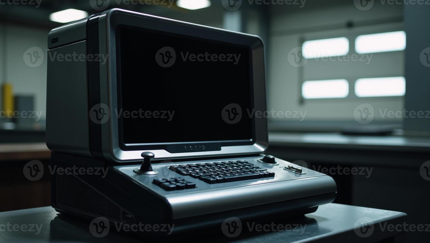 A retrofuturistic scifi computer terminal awaits interaction on a blank screen within a game design setting photo