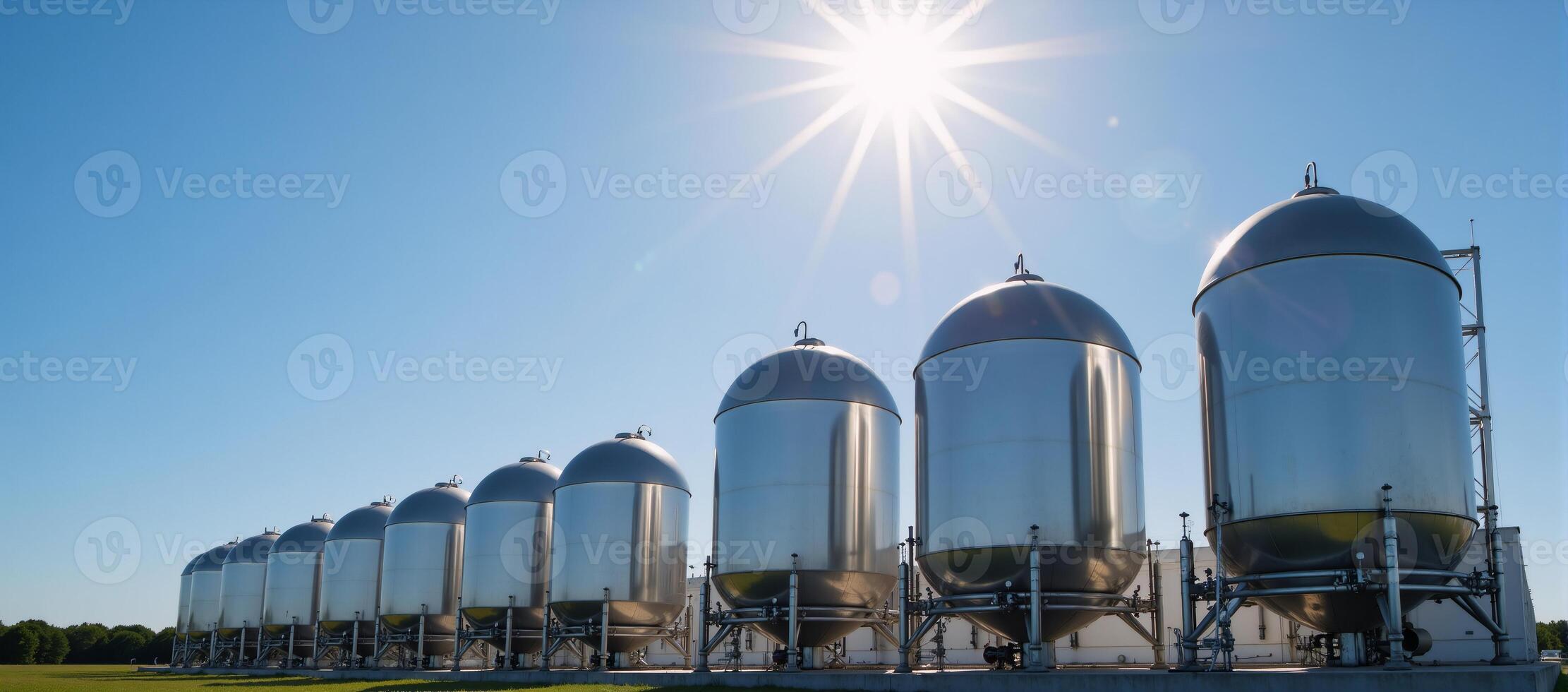 Blue spherical hydrogen tanks in a modern innovation power station showcasing BPVC technology and housing H2 molecules beneath the summer sky photo
