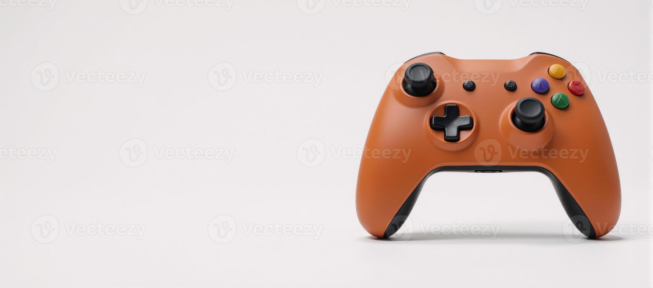 Colorful retro game controller against minimal white backdrop photo
