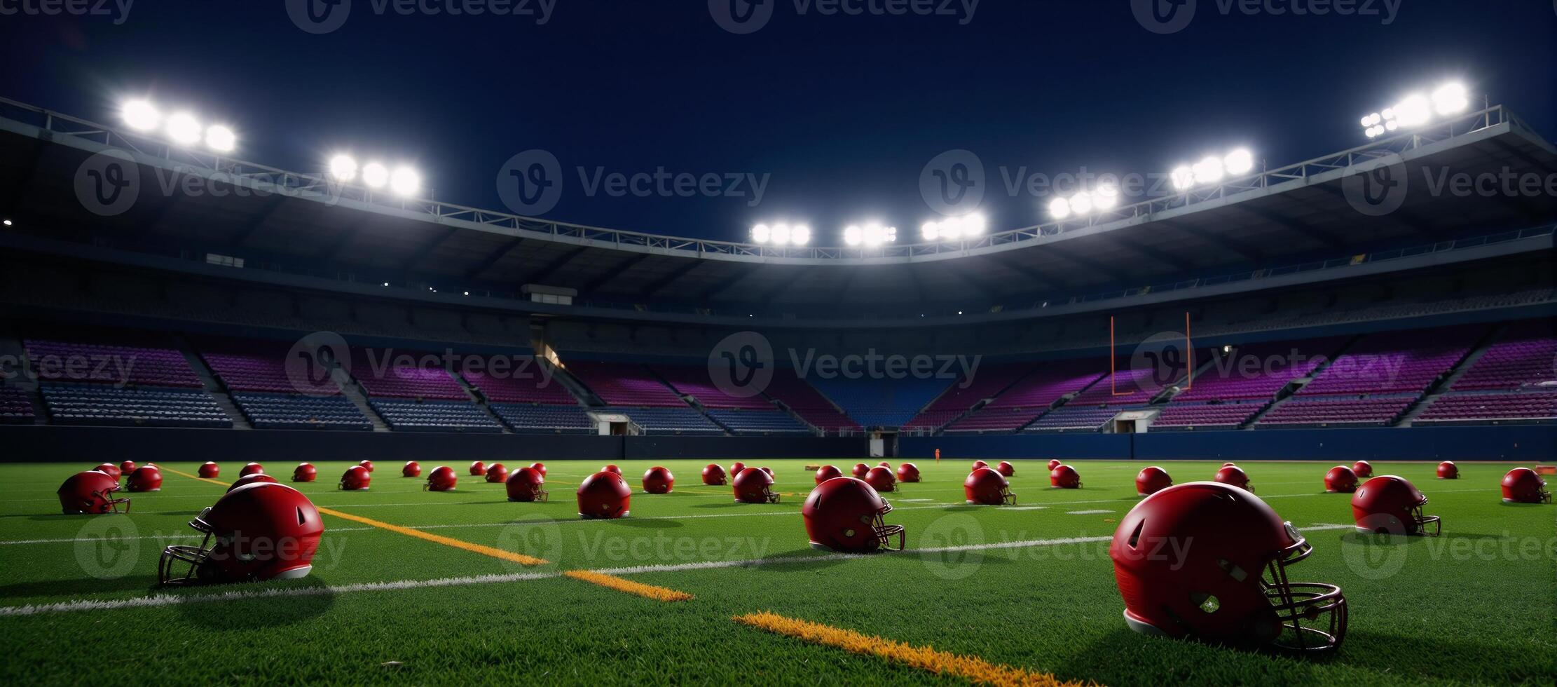 Neonlit football field adorned with multiple helmets and soccer balls photo