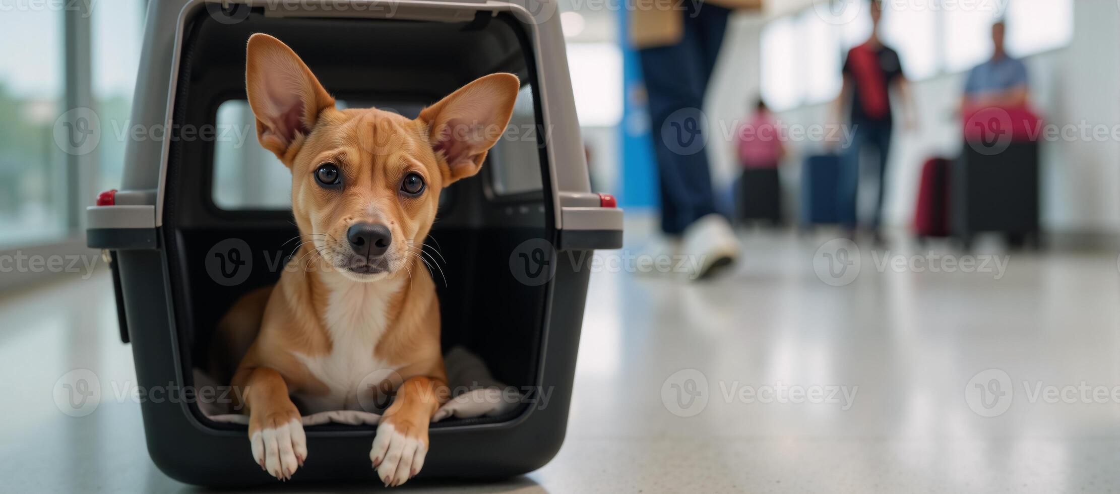 Travelling with pet dog at airport terminal in carrier photo
