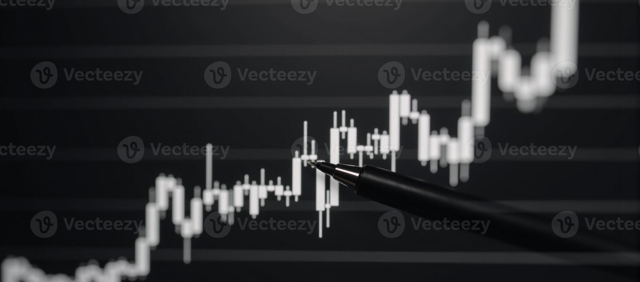 Uptrend line graph candlesticks displayed on an abstract finance chart with BW backdrop photo