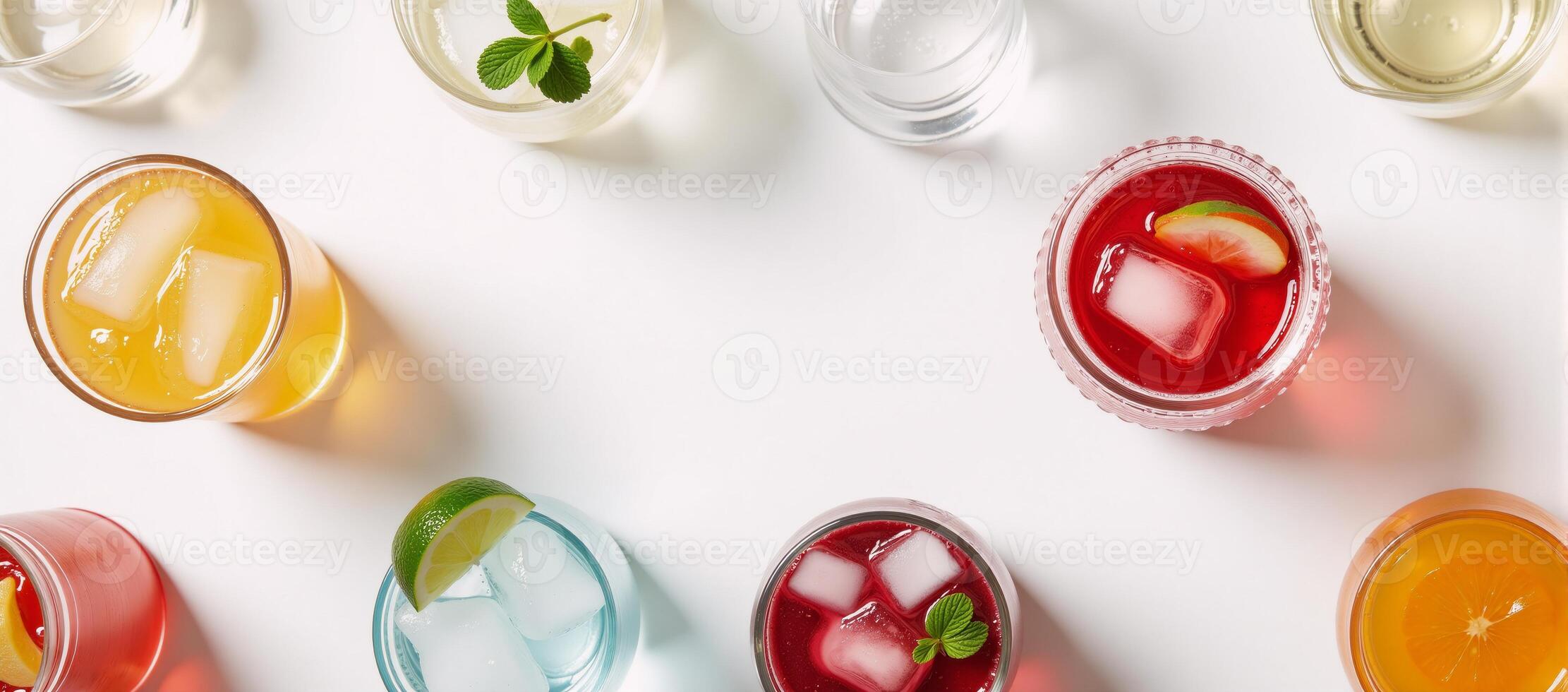 Topdown shot displaying colorful cocktails against a clean white backdrop photo