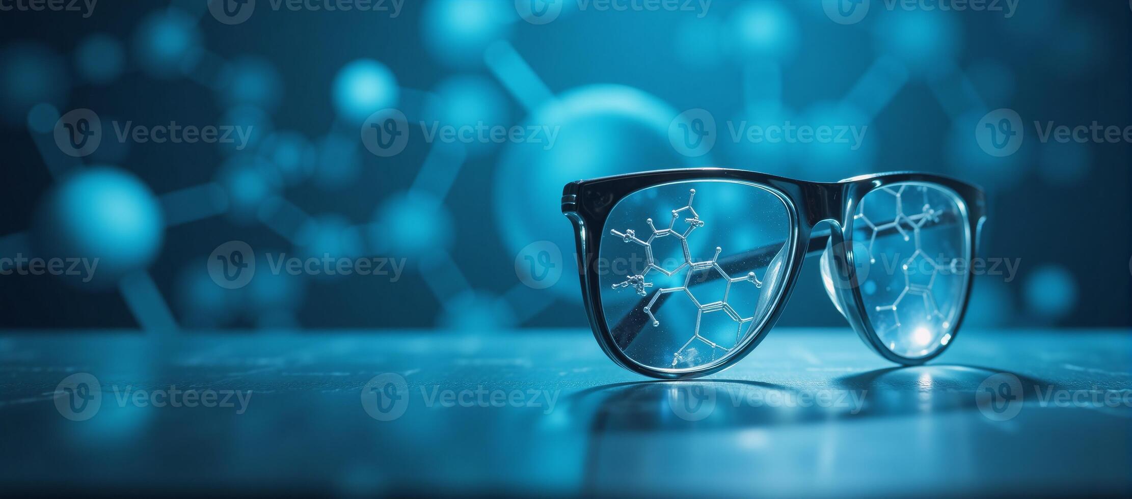 Abstract art depicts an energetic blue molecular representation of hydrogen glassware within a clean and simplified chemical context photo