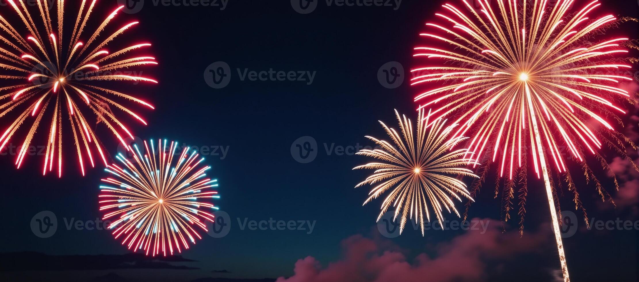 Ultrawide festive firework display showcasing patriotic flag colors against central blank space photo