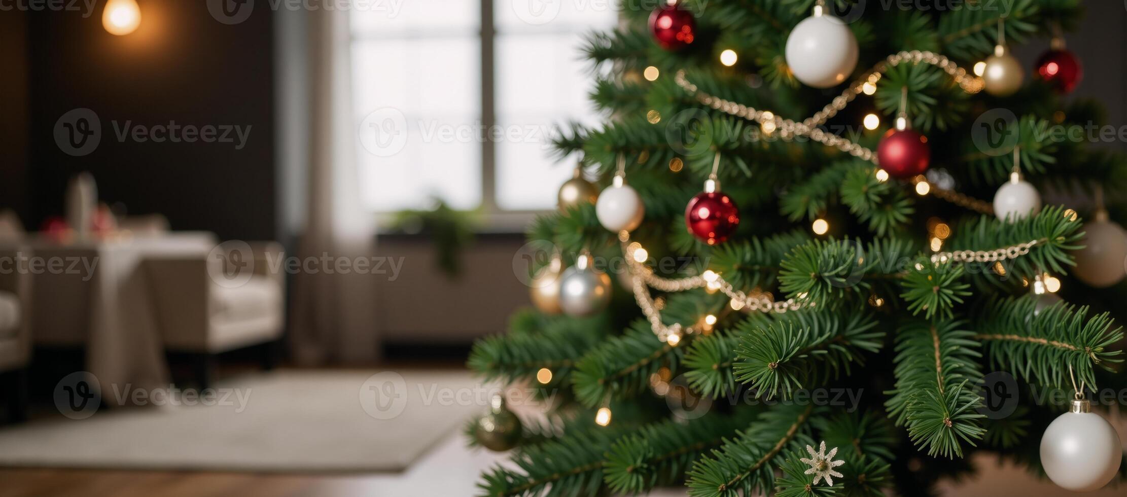A Christmas Tree amidst a softly blurred backdrop photo