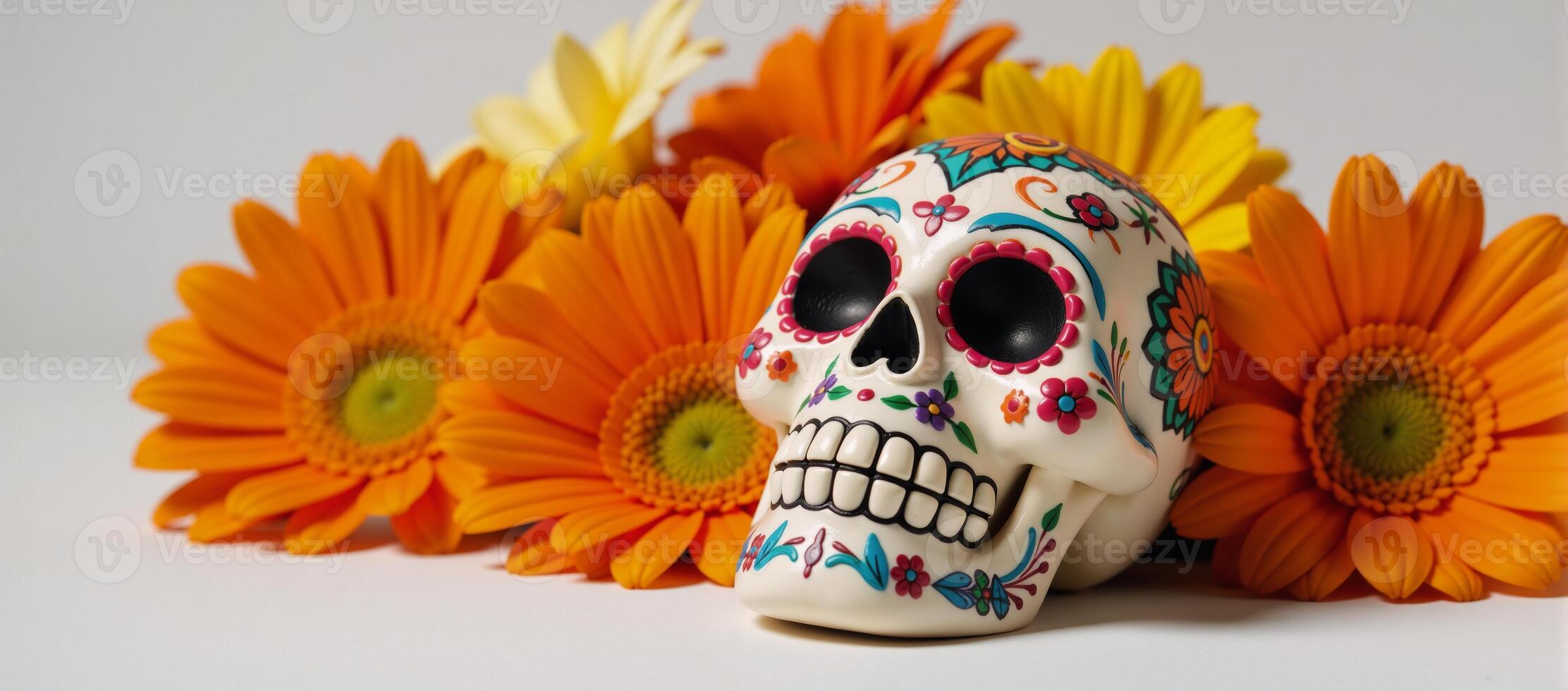 Colorful sugar skull surrounded by vibrant orangeyellow floral arrangement photo