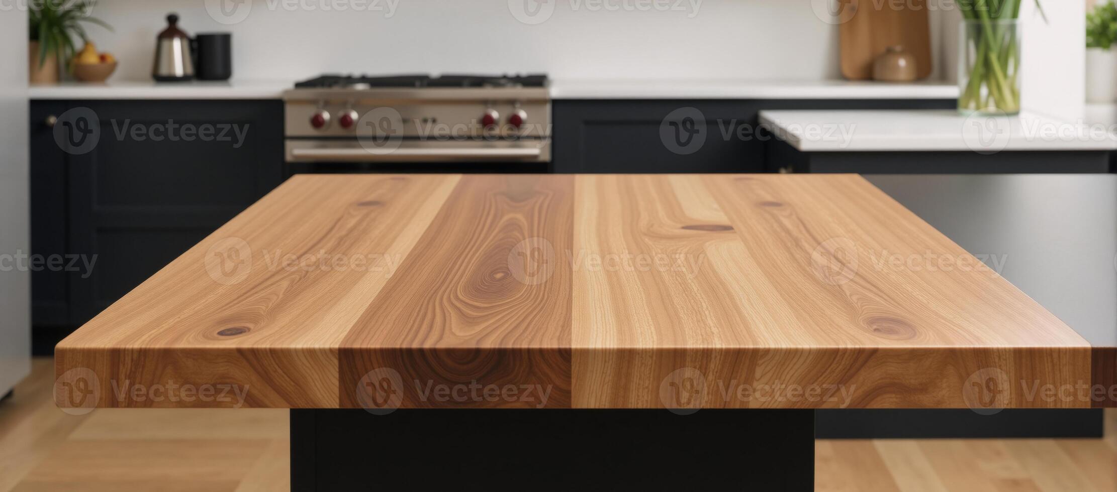 A detailed 3D render of a charming natural wood table against a stylish kitchen backdrop photo