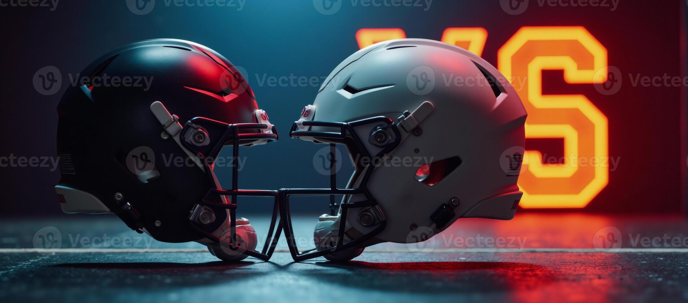 A cinematic clash of football helmets under glowing neon VS signs photo