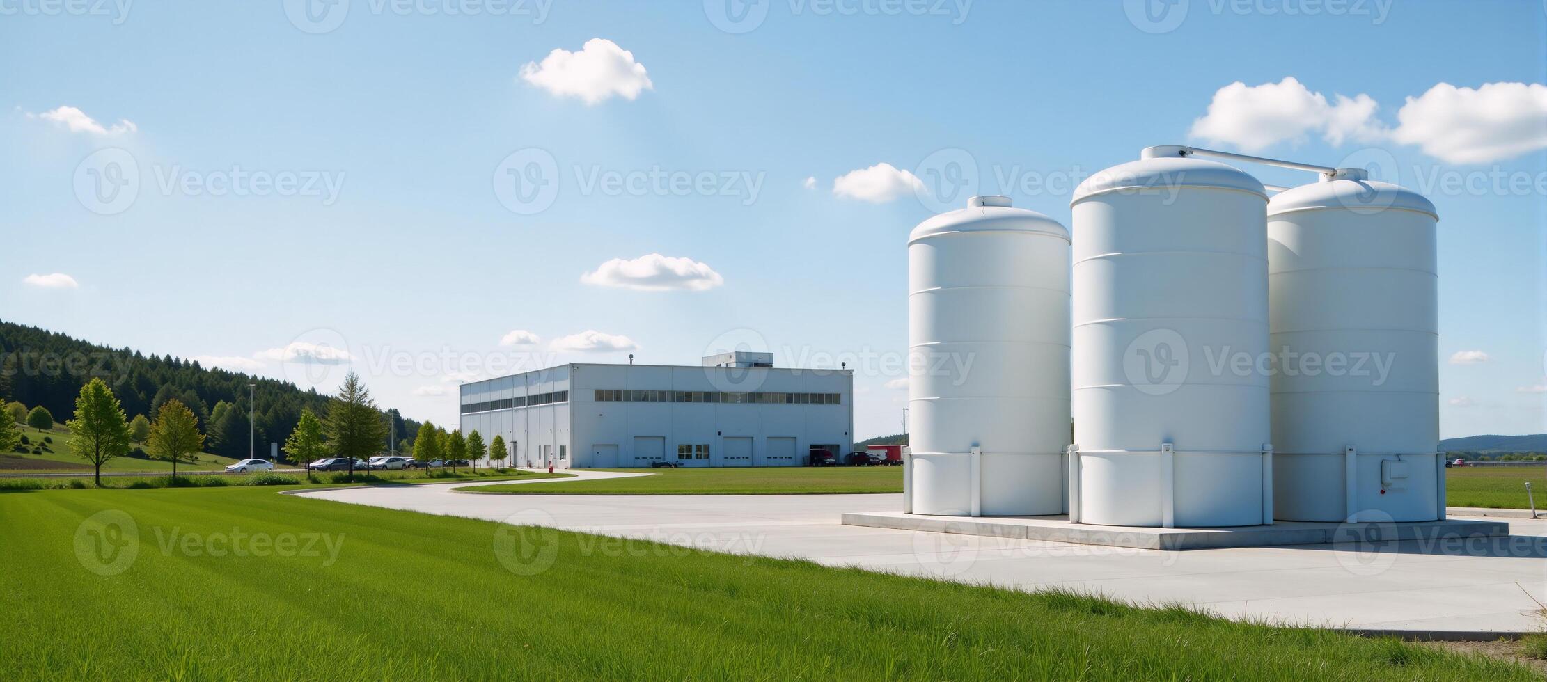 A modern ecofactory harnesses hydrogen power with industrial tanks on a sunlit day showcasing innovative energy technology in an artistic 3D representation photo