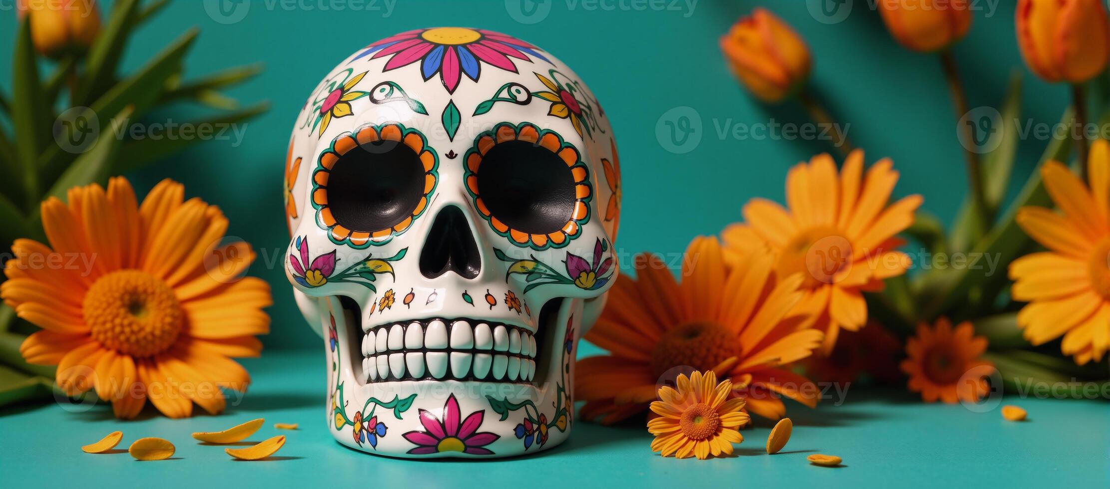 Colorful Sugar Skull with Vibrant Orange Flowers Celebrating Mexican Culture on Teal Background photo