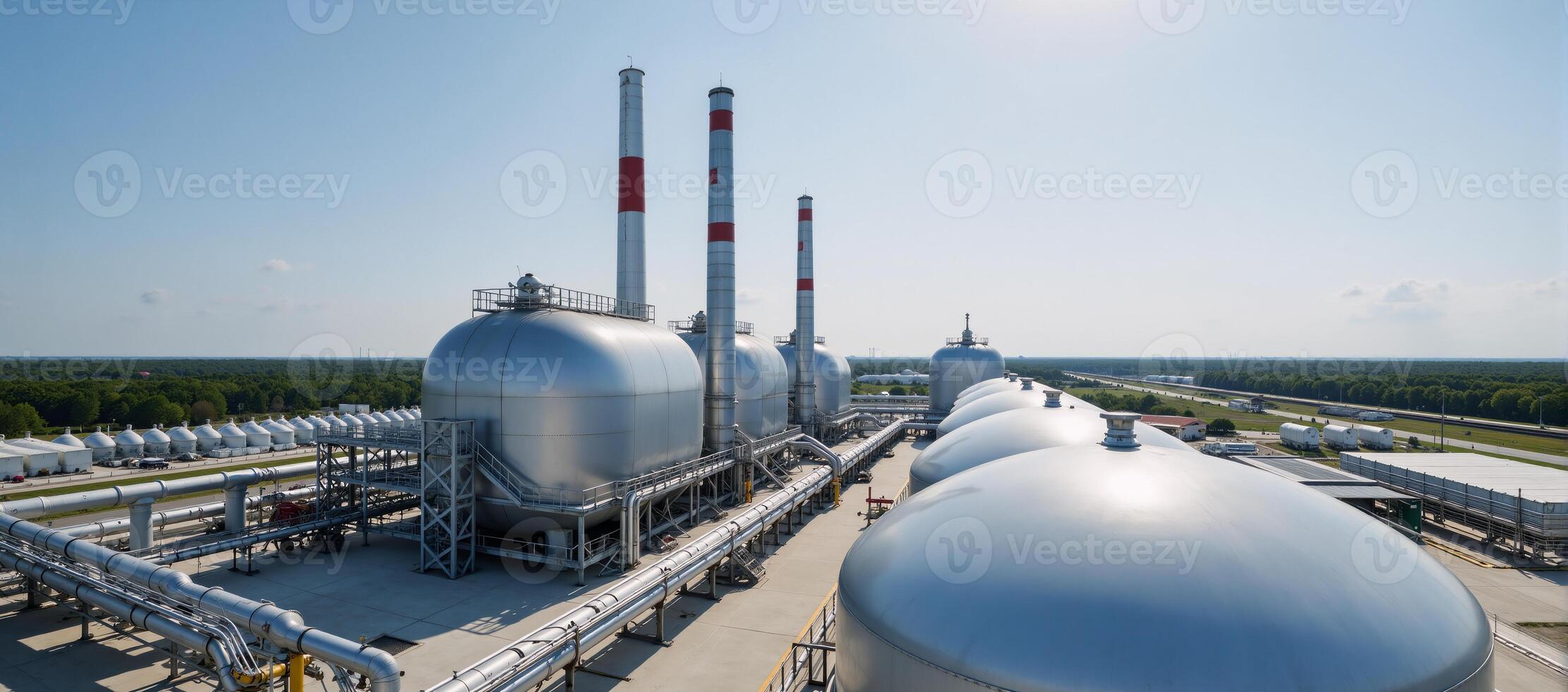A clean H2 energy concept Wideangle image of a modern hydrogen power plant featuring large steel tanks pipes photo