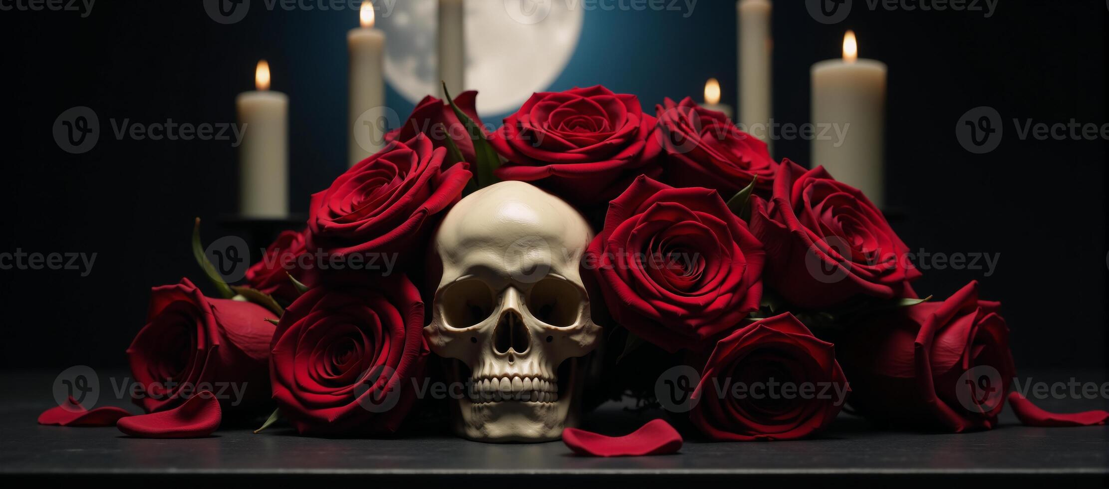 A gothic still life features an ornate skull amidst a luxurious arrangement of darkred roses under eerie moonlight and flickering candlelight photo