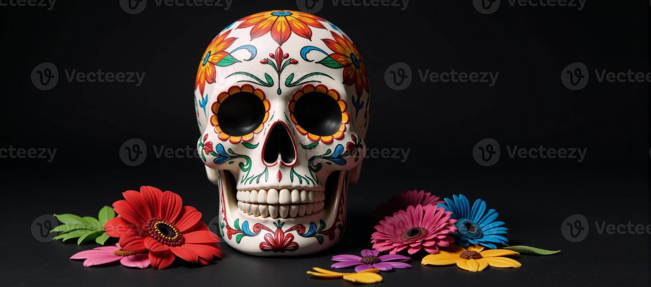 A cultural and vibrant Dia de Los Muertosthemed wallpaper featuring a colorful calavera surrounded by lively flowers against a dark backdrop photo