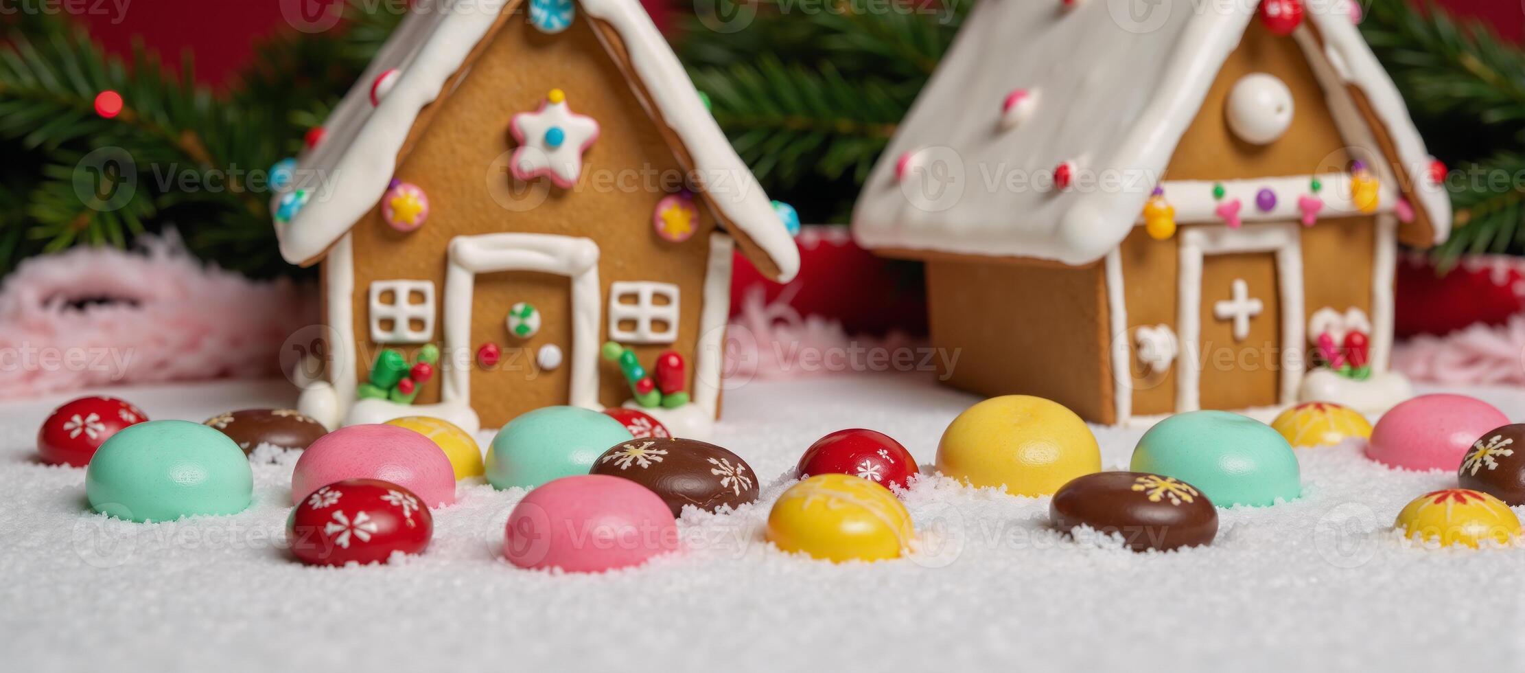 A festive scene with colorful Christmas candies and charming gingerbread cottages amidst artificial snow photo