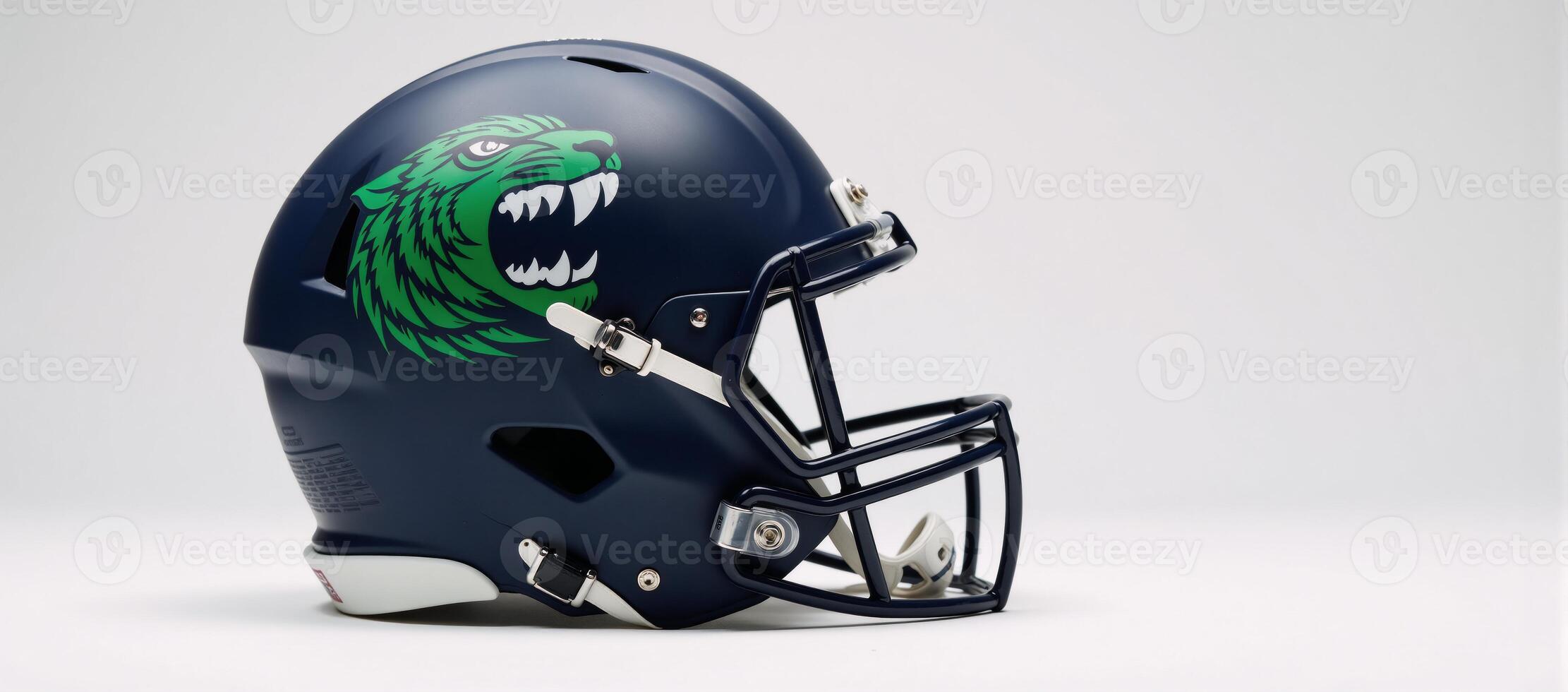 Matte blue and green football helmet bearing an asymmetric tiger emblem photo