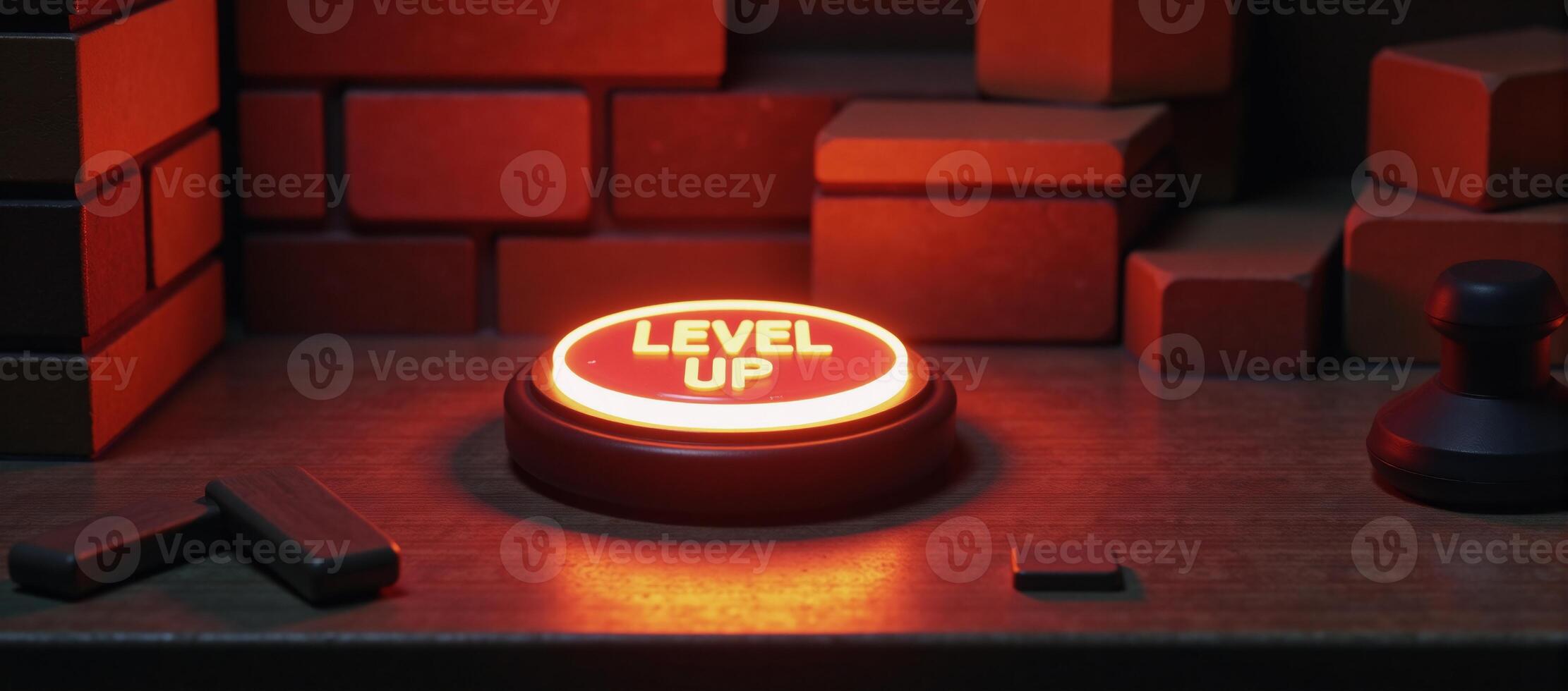 Retrostyle pixel art game backdrop featuring a levelup button photo