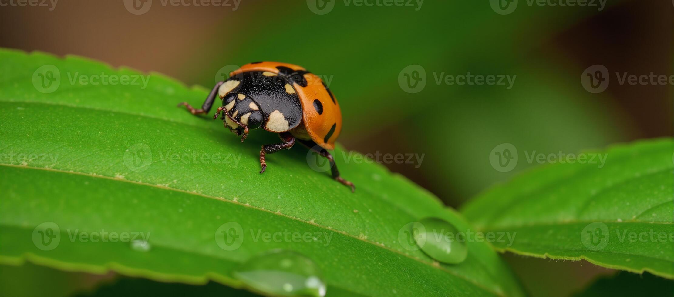 Ladybug resting on green leaf photo