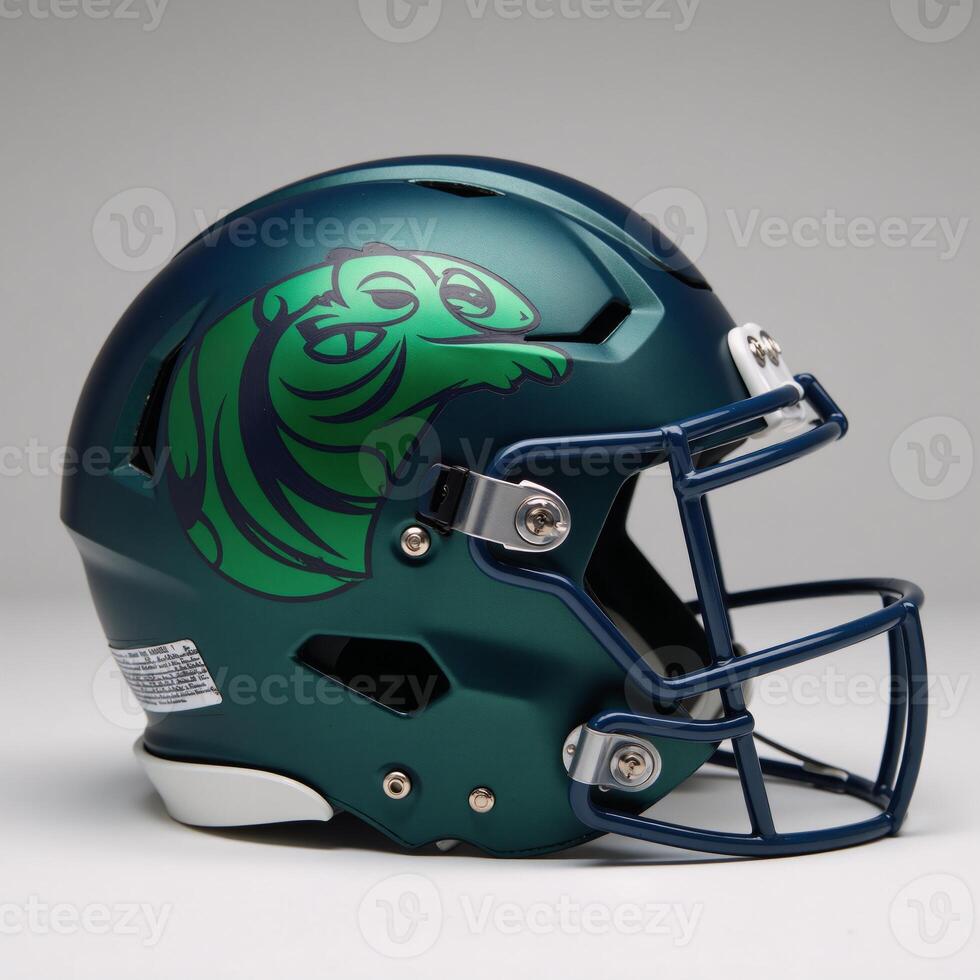 Matte blue and green football helmet bearing an asymmetric tiger emblem photo