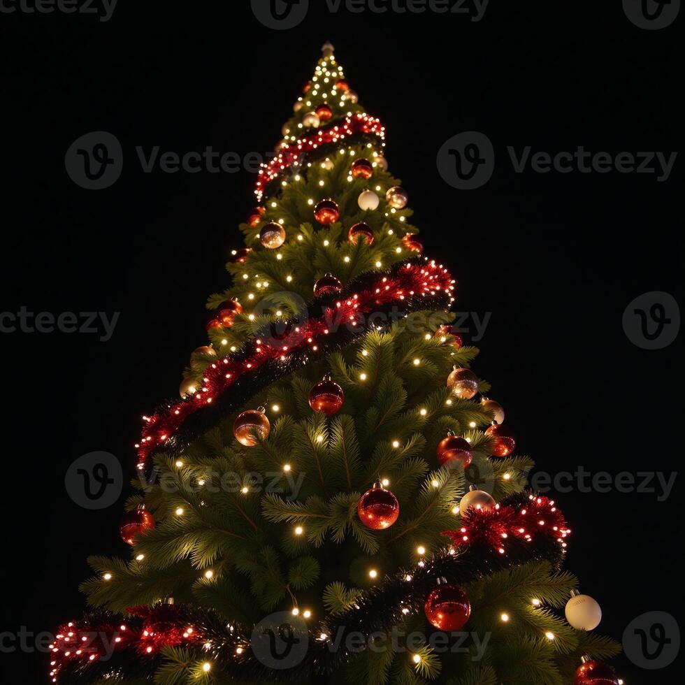 Festive Christmas tree with red black garland lit by warm glow 8k 3D render photo