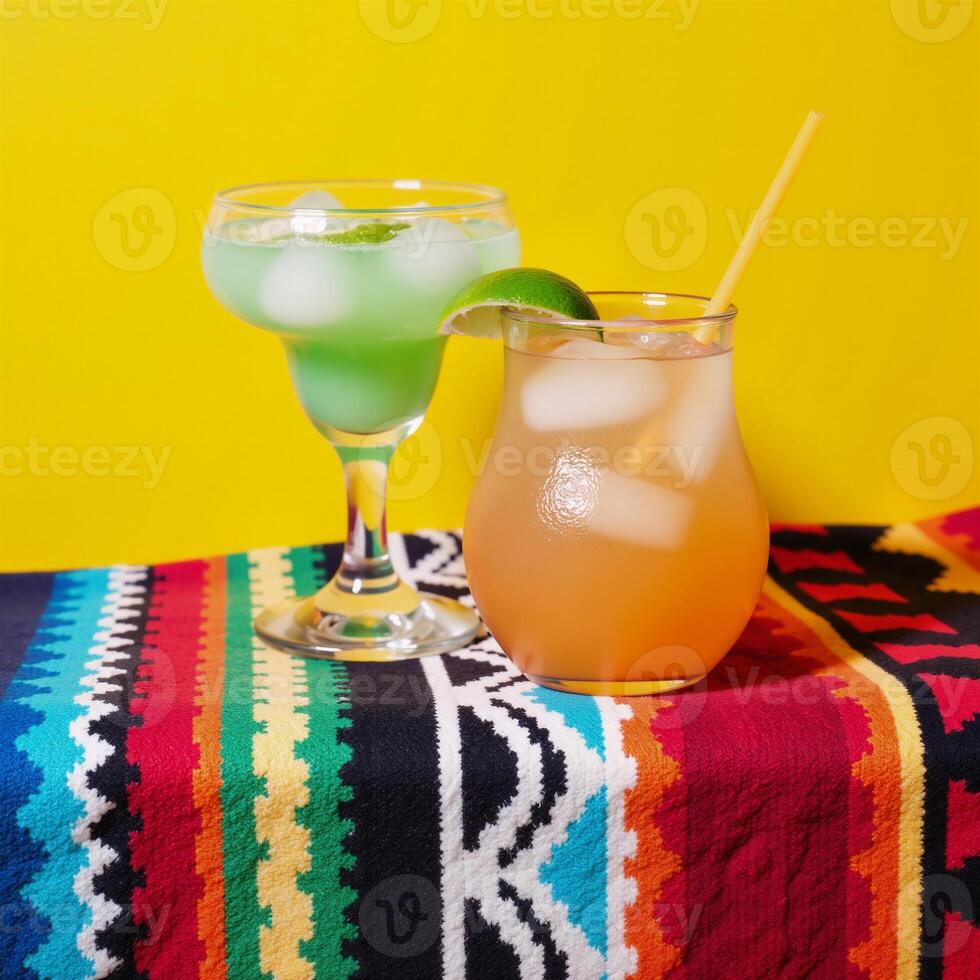 A colorful Mexicaninspired tableau showcases two margaritas against a sunny yellow backdrop photo