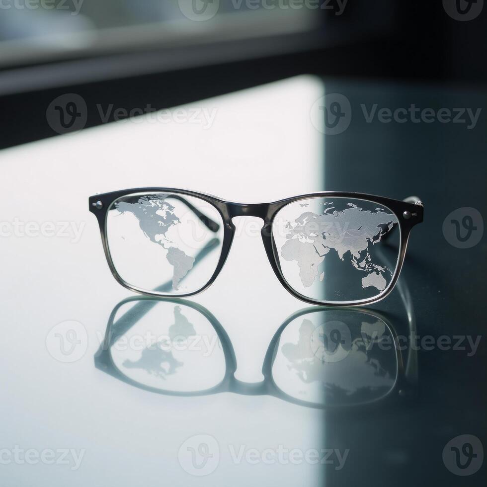 A world map financial charts reflected in stylish glasses symbolize global stock market surveillance photo