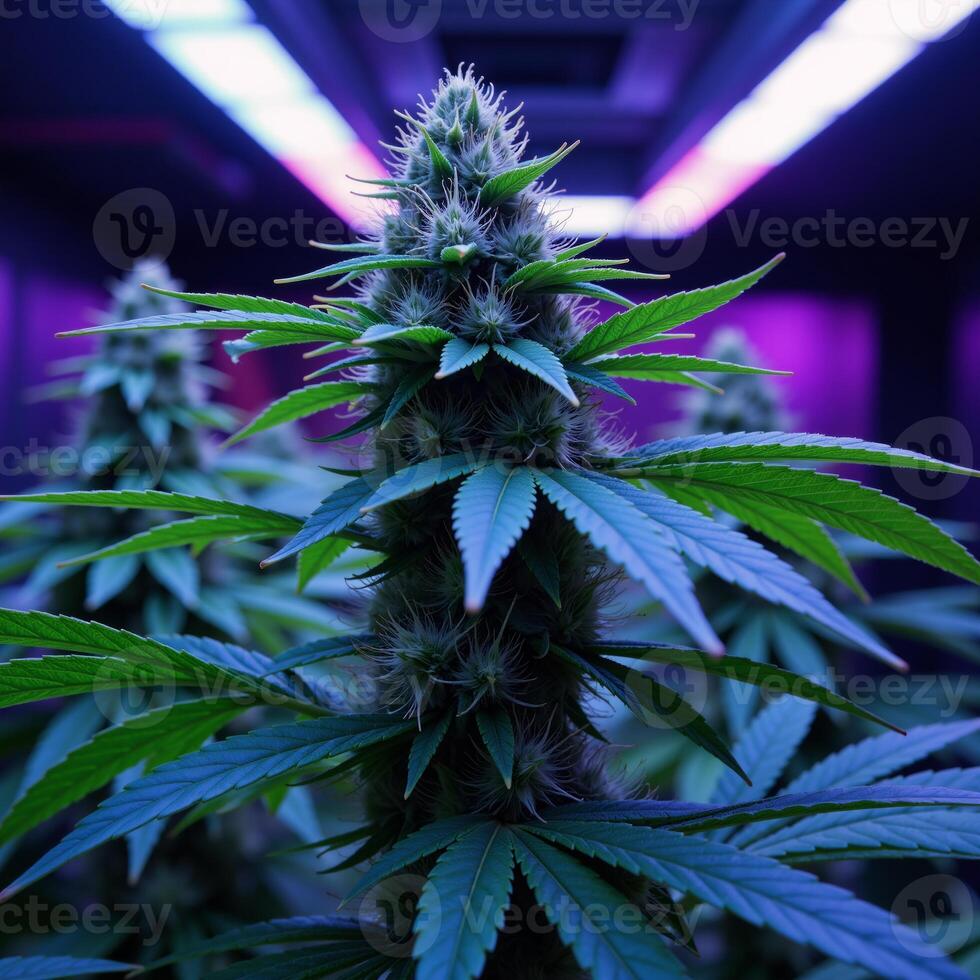 Futuristic hightech grow room with vibrant neon lighting highlights electric bluegreen cannabis plants covered in crystals photo