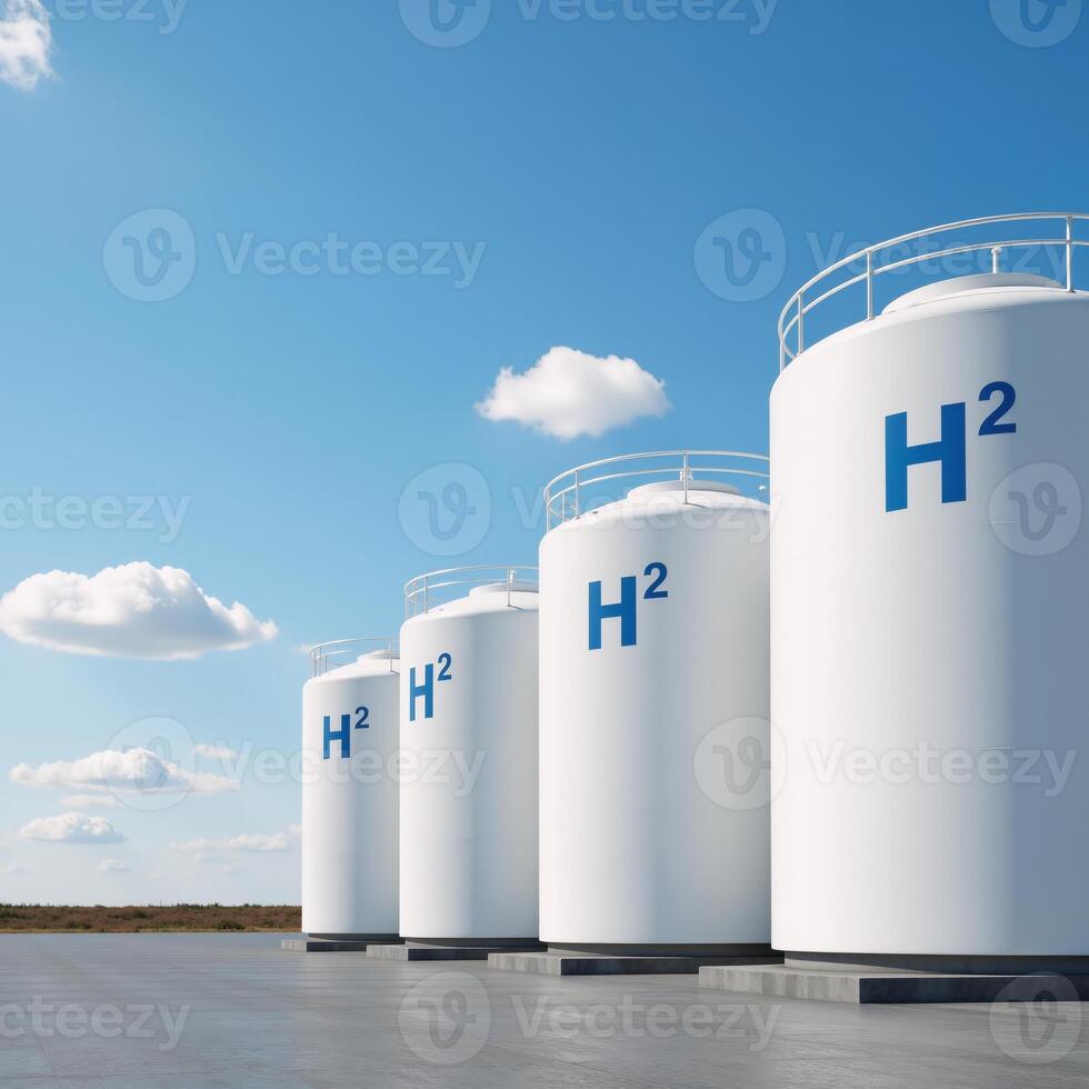 Clean Energy Symbolized Blue Sky 3D Render of White Hydrogen Tanks Labeled Blue H2 photo