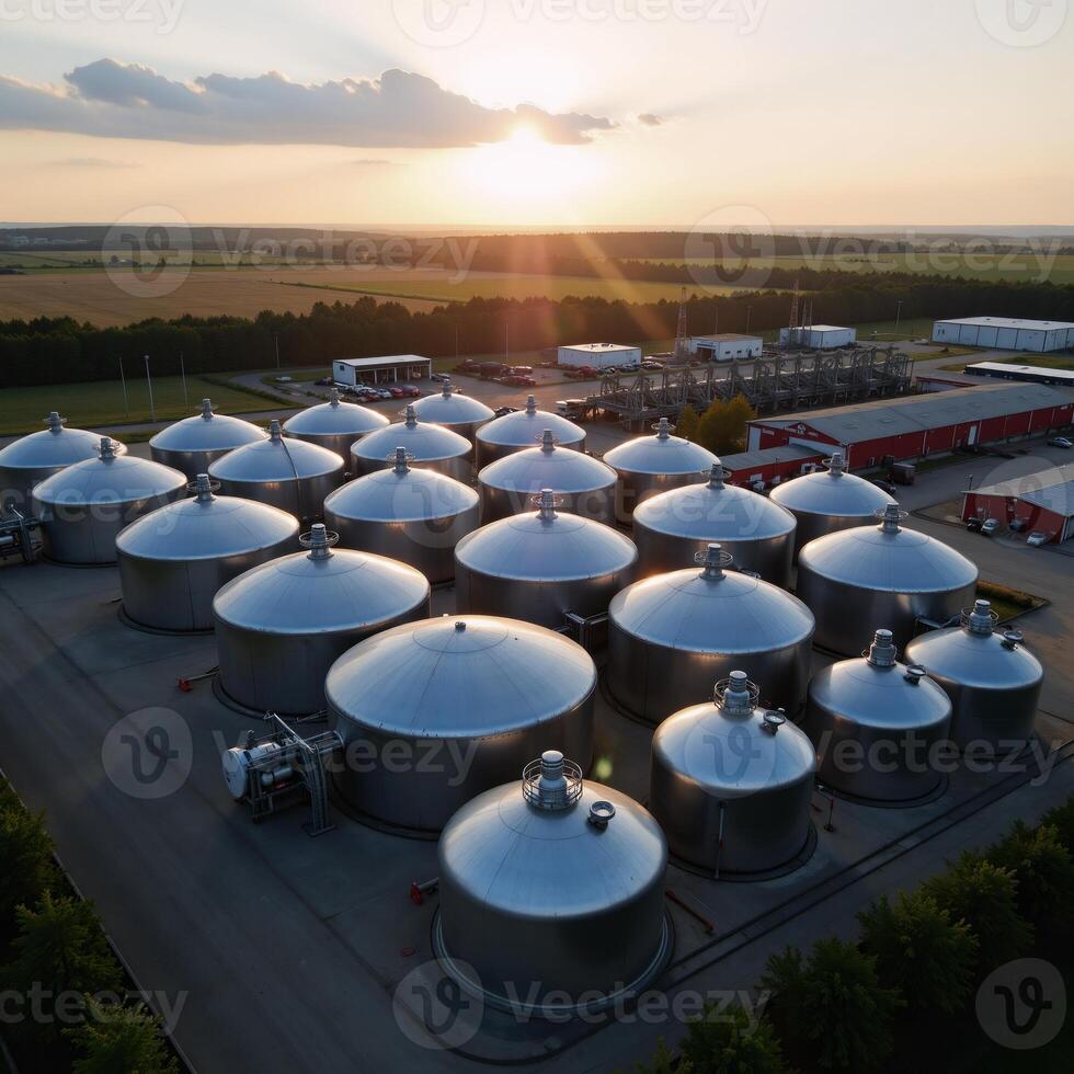 A summer evening industrial scene features a chemical factory with large pressurized hydrogen storage tanks and BPVC manufacturing facilities amidst the sprawling terrain of industrial ASME tanks photo