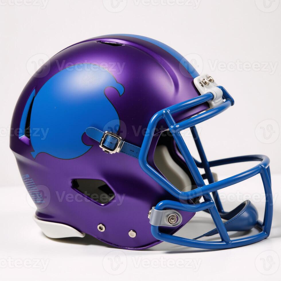 Purple and Blue Football Helmet on White Background Minimalist Design photo